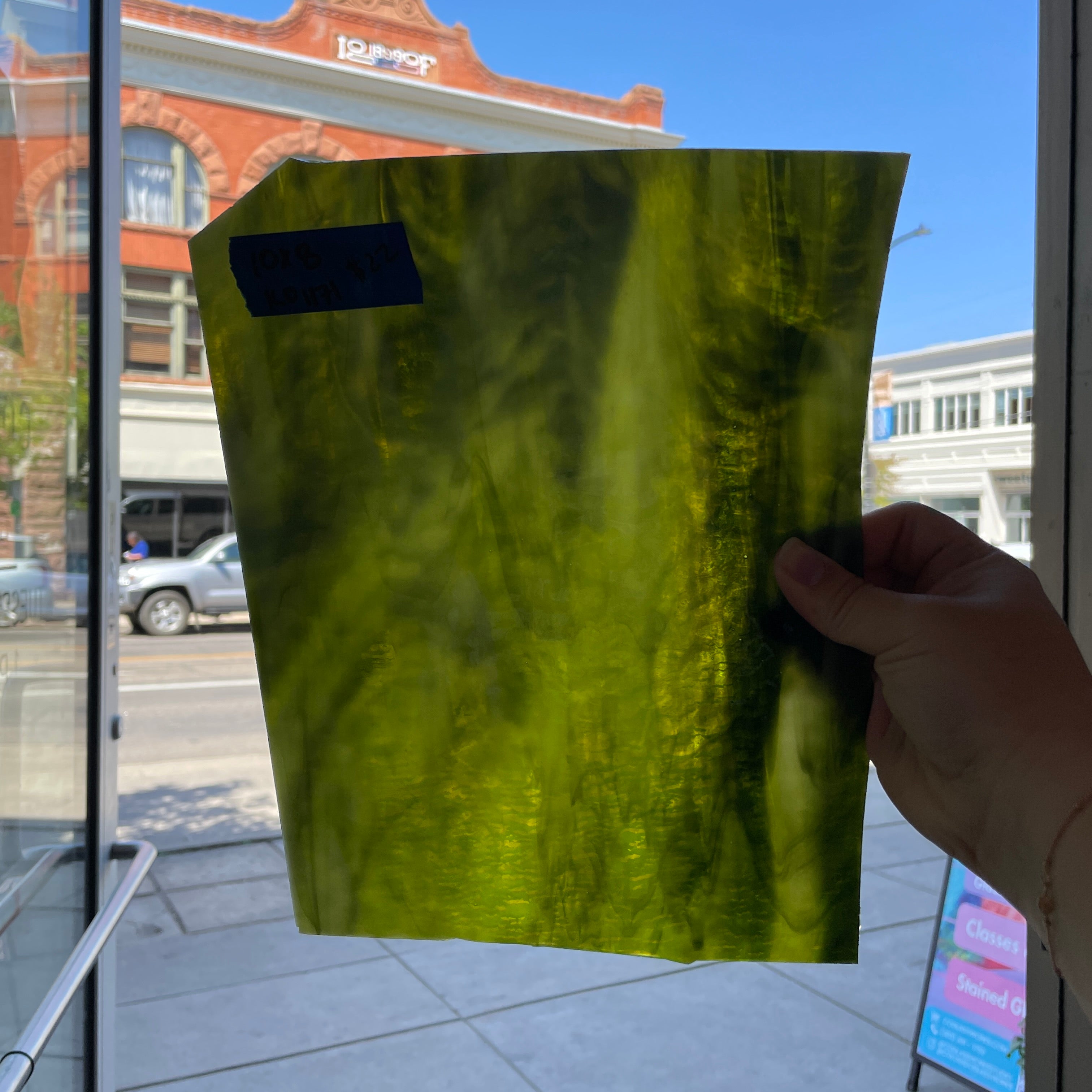 Green White Wispy Semi-Opaque Kokomo Sheet Glass Colorado Glassworks