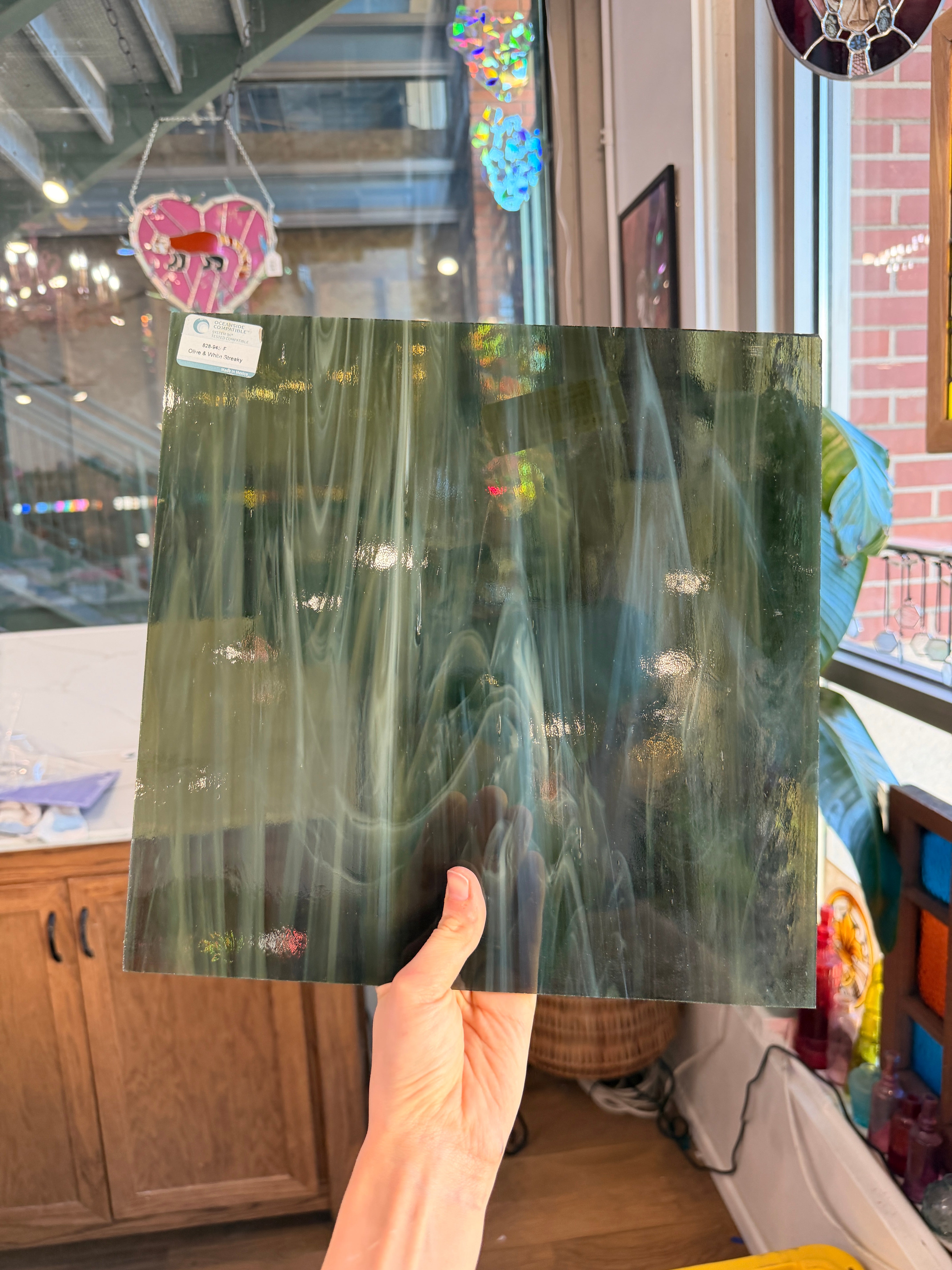 Olive/White Streaky Oceanside Fusible 96 COE (OGT 828.94F) Sheet Glass Colorado Glassworks