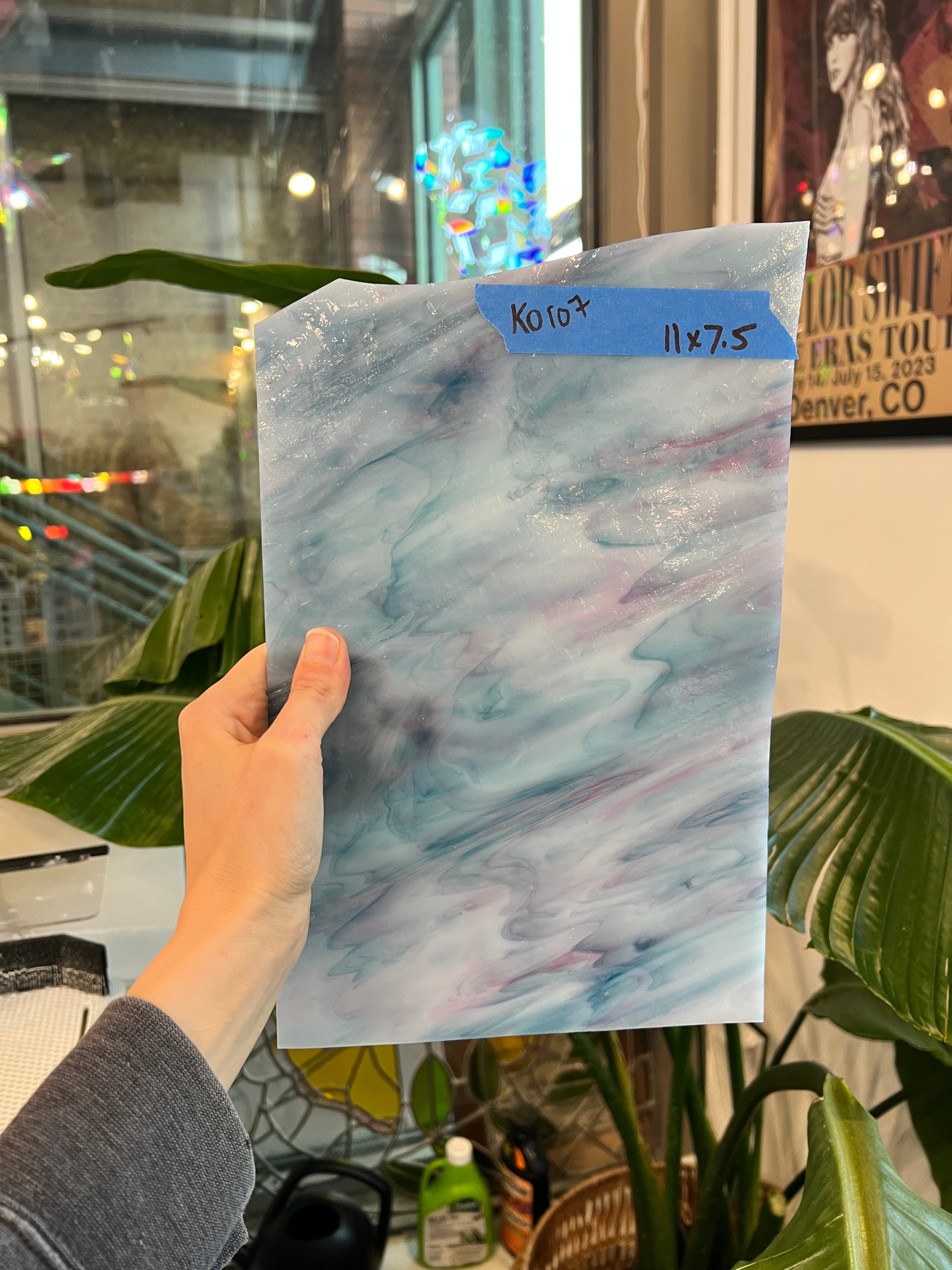 Pink Blue White Wispy Kokomo Sheet Glass Colorado Glassworks KO107 (11x7.5in)