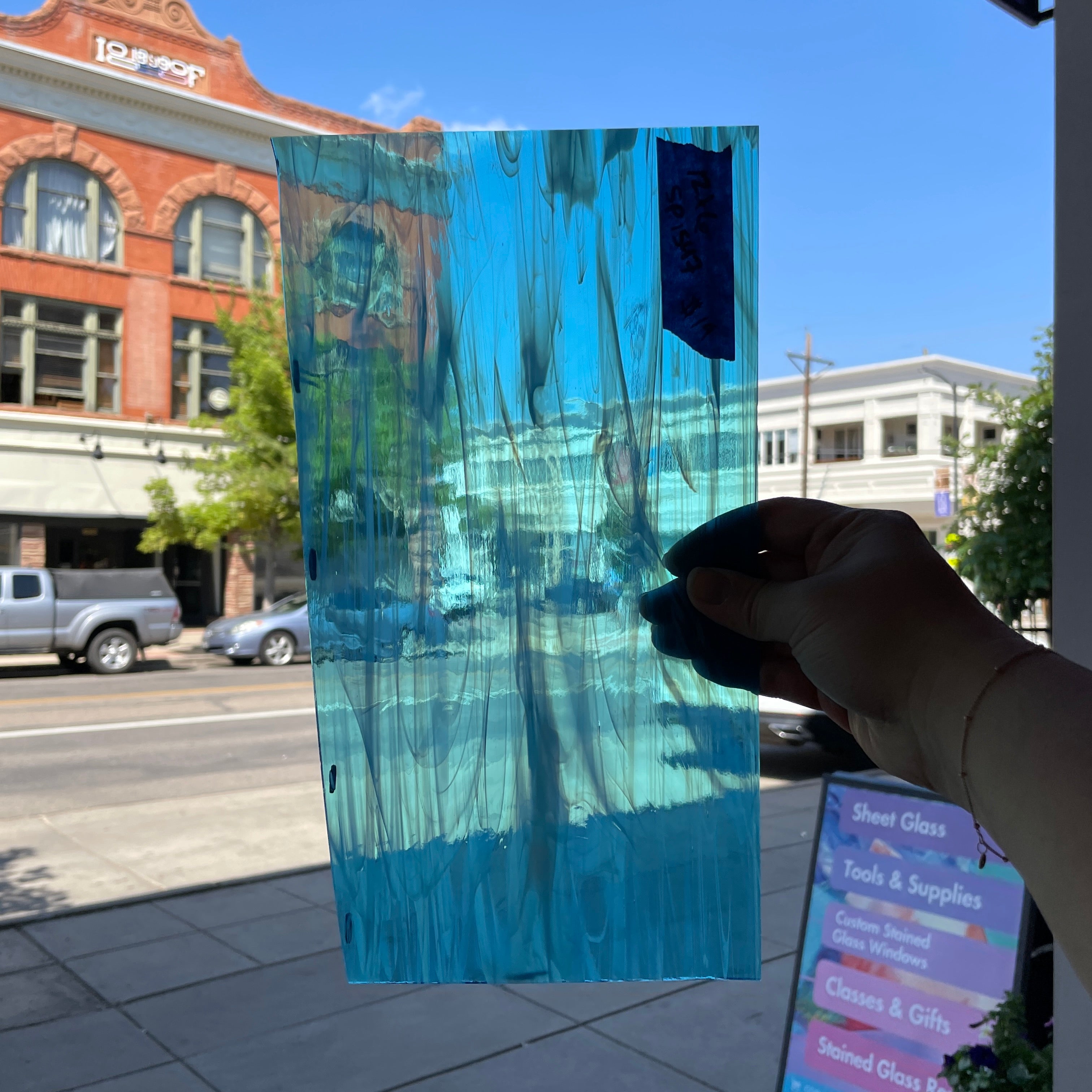 Blue White Clear Wispy Spectrum Sheet Glass Colorado Glassworks