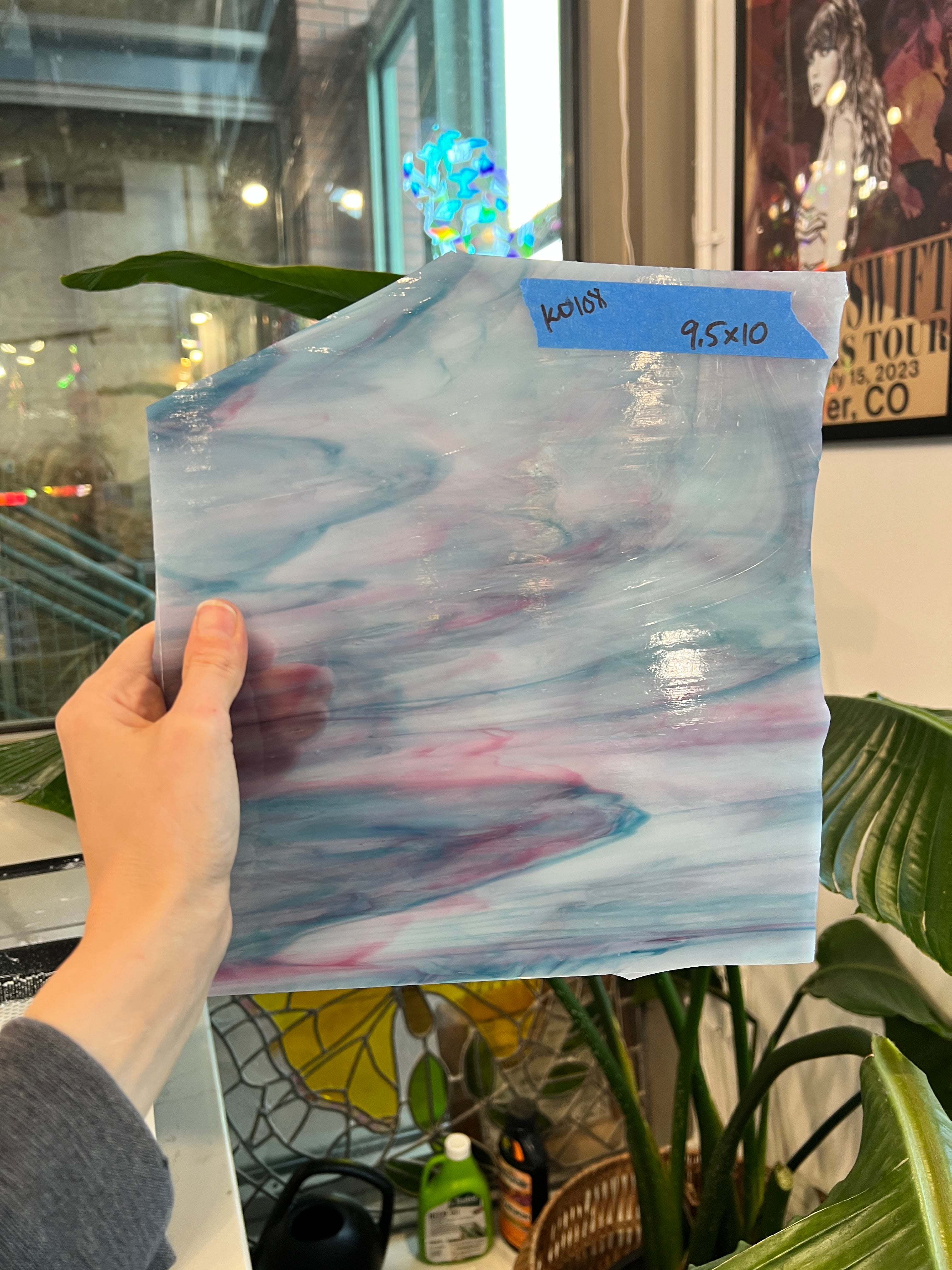 Pink Blue White Wispy Kokomo Sheet Glass Colorado Glassworks KO108 (10x9.5in)