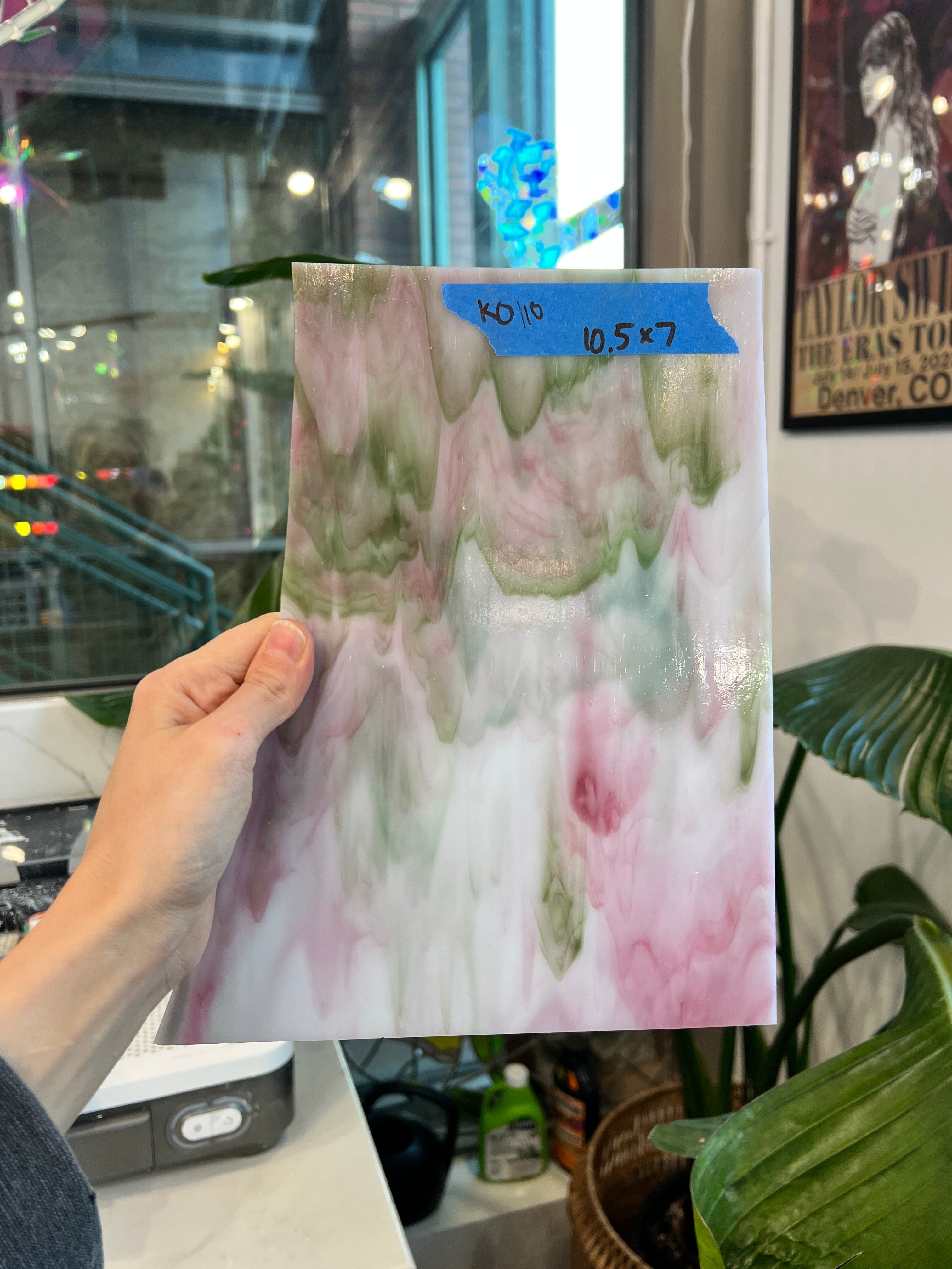 Pink Green White Wispy Kokomo Sheet Glass Colorado Glassworks KO110 (10.5x7in)
