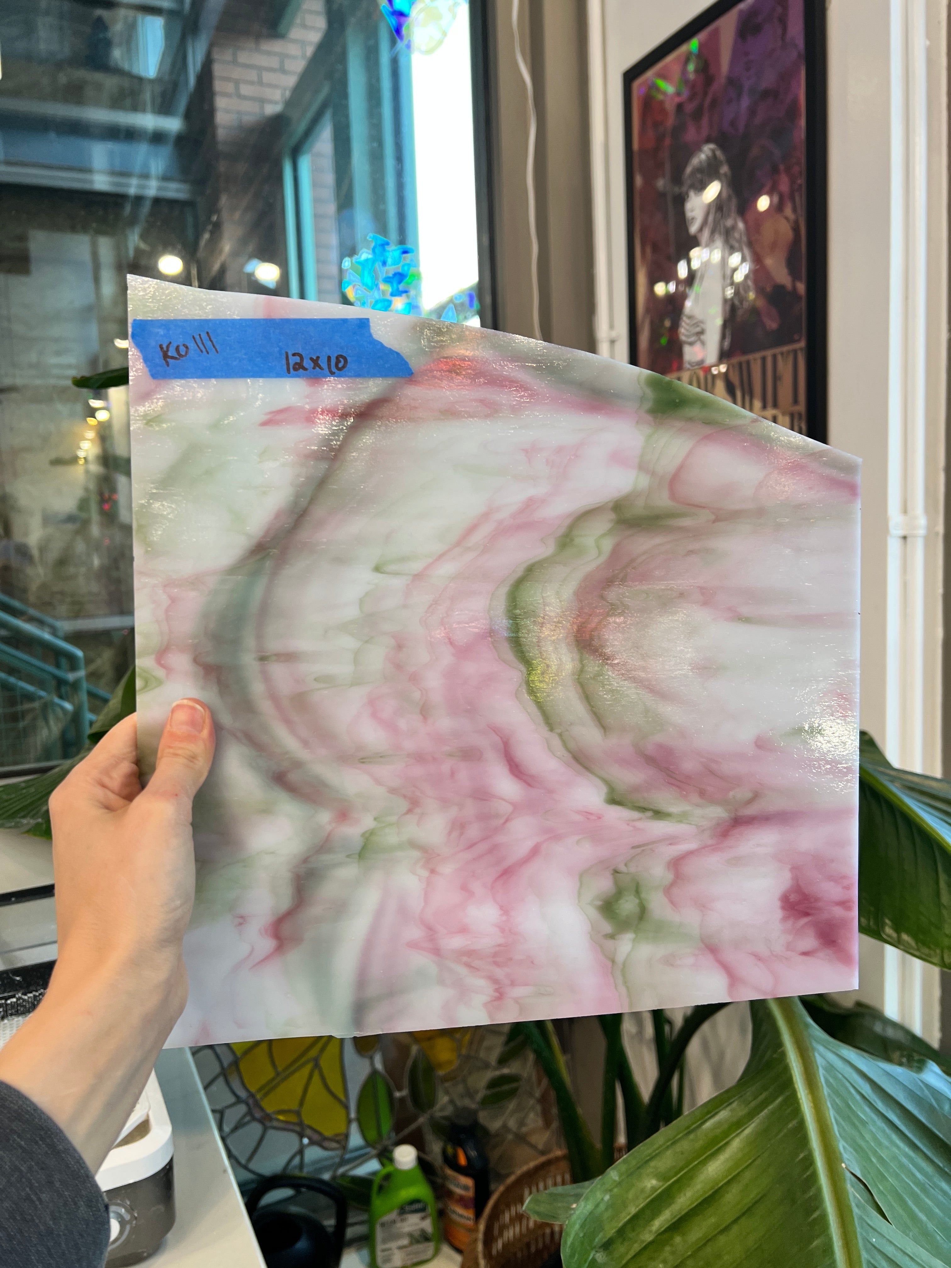 Pink Green White Wispy Kokomo Sheet Glass Colorado Glassworks KO111 (12x10in)