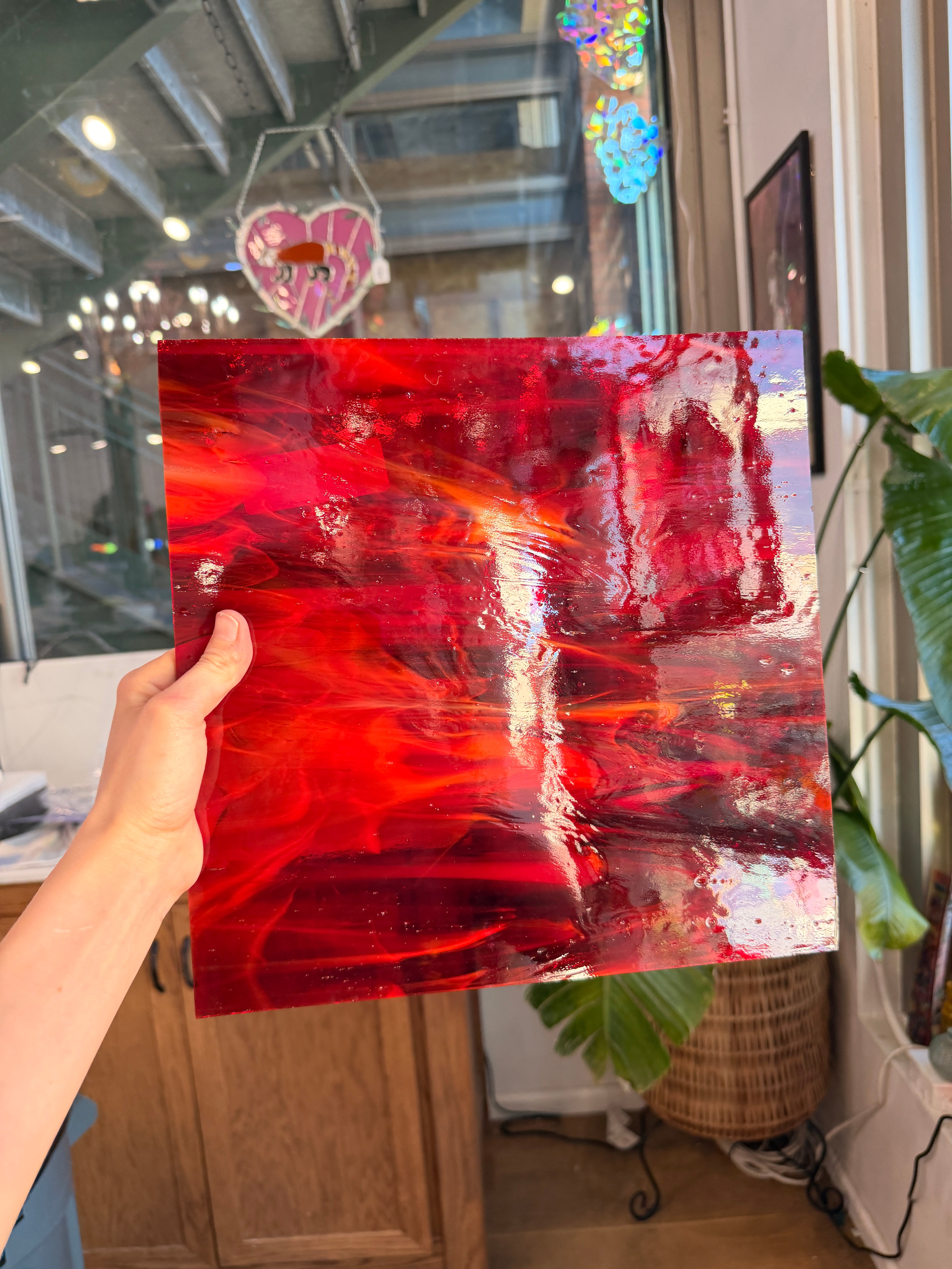 Red White Wispy Oceanside Fusible 96 COE Sheet Glass Colorado Glassworks