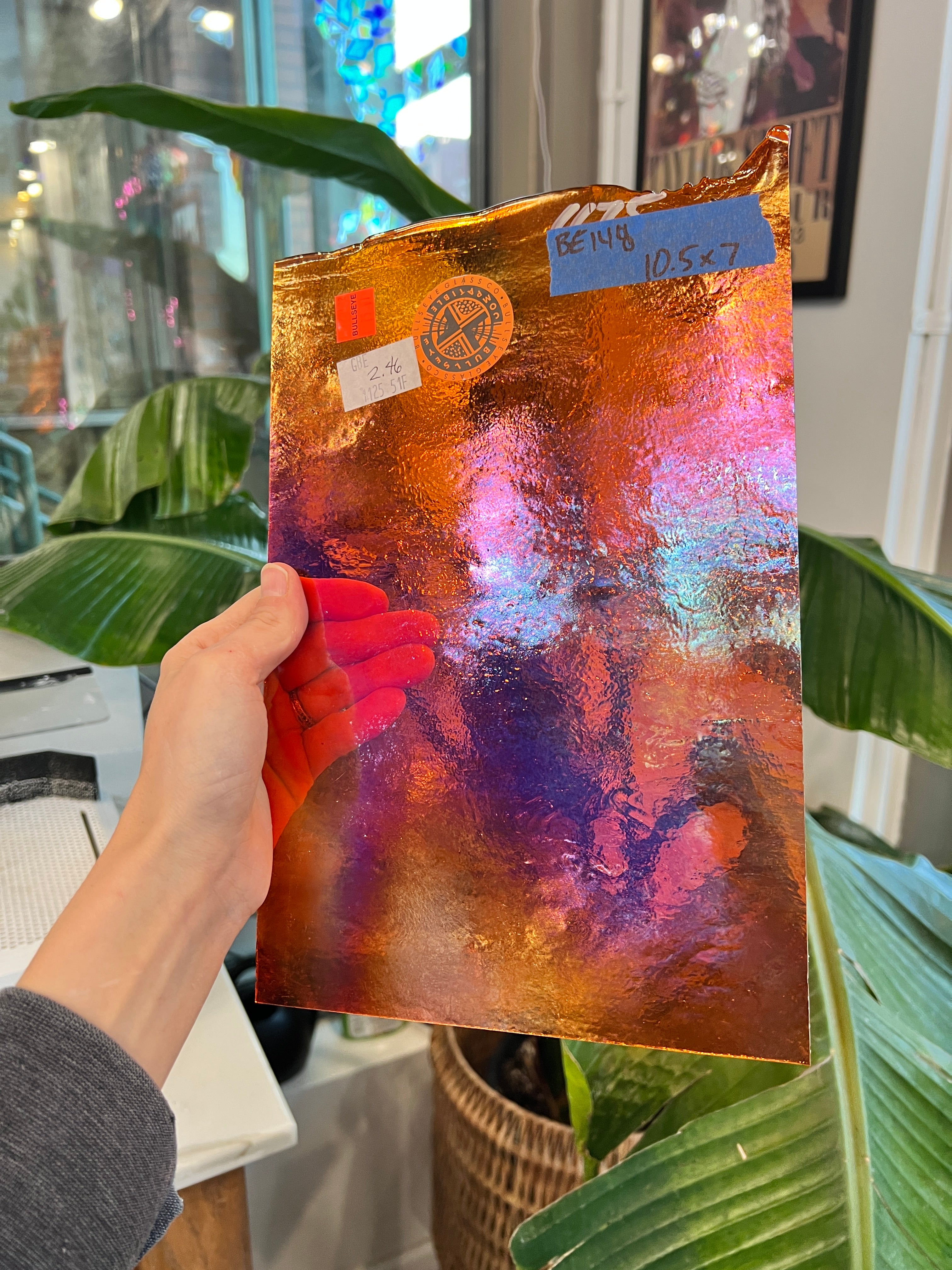 Vintage Thin Orange Transparent Iridescent Bullseye Fusible 90 COE Sheet Glass Colorado Glassworks BE148 (10.5x7in)