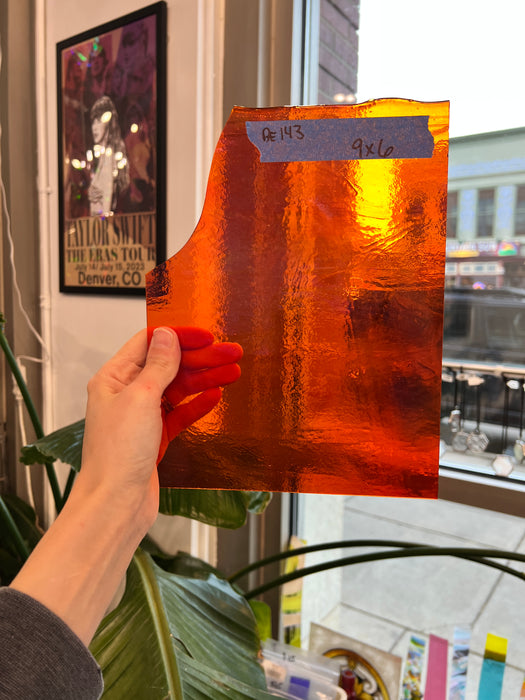 Vintage Thin Orange Transparent Iridescent Bullseye Fusible 90 COE Sheet Glass Colorado Glassworks