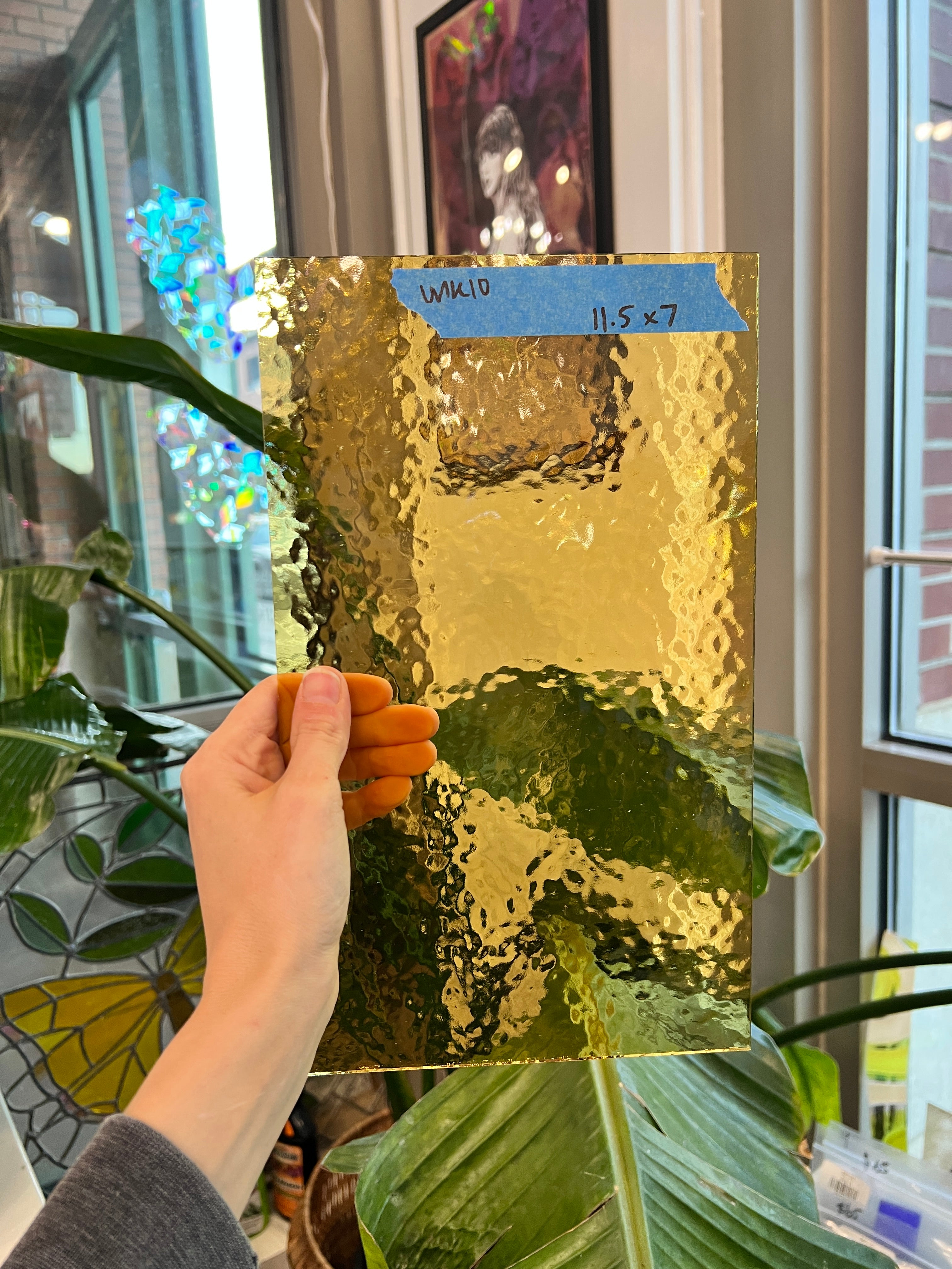 Honey Amber Yellow Transparent Hammered Glass Sheet Glass Colorado Glass Works UNK10 (11.5x7in)