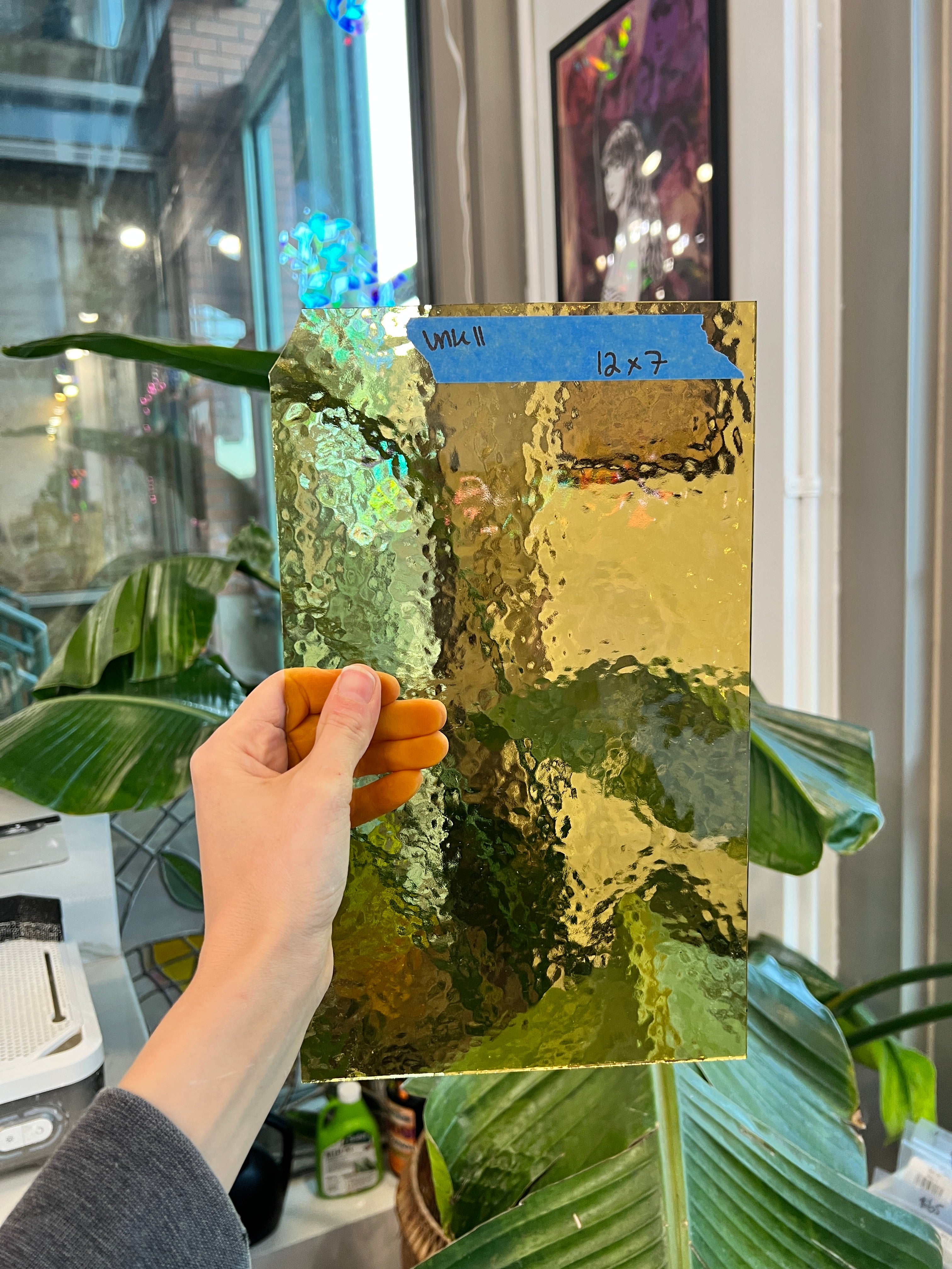 Honey Amber Yellow Transparent Hammered Glass Sheet Glass Colorado Glass Works UNK11 (12x7in)