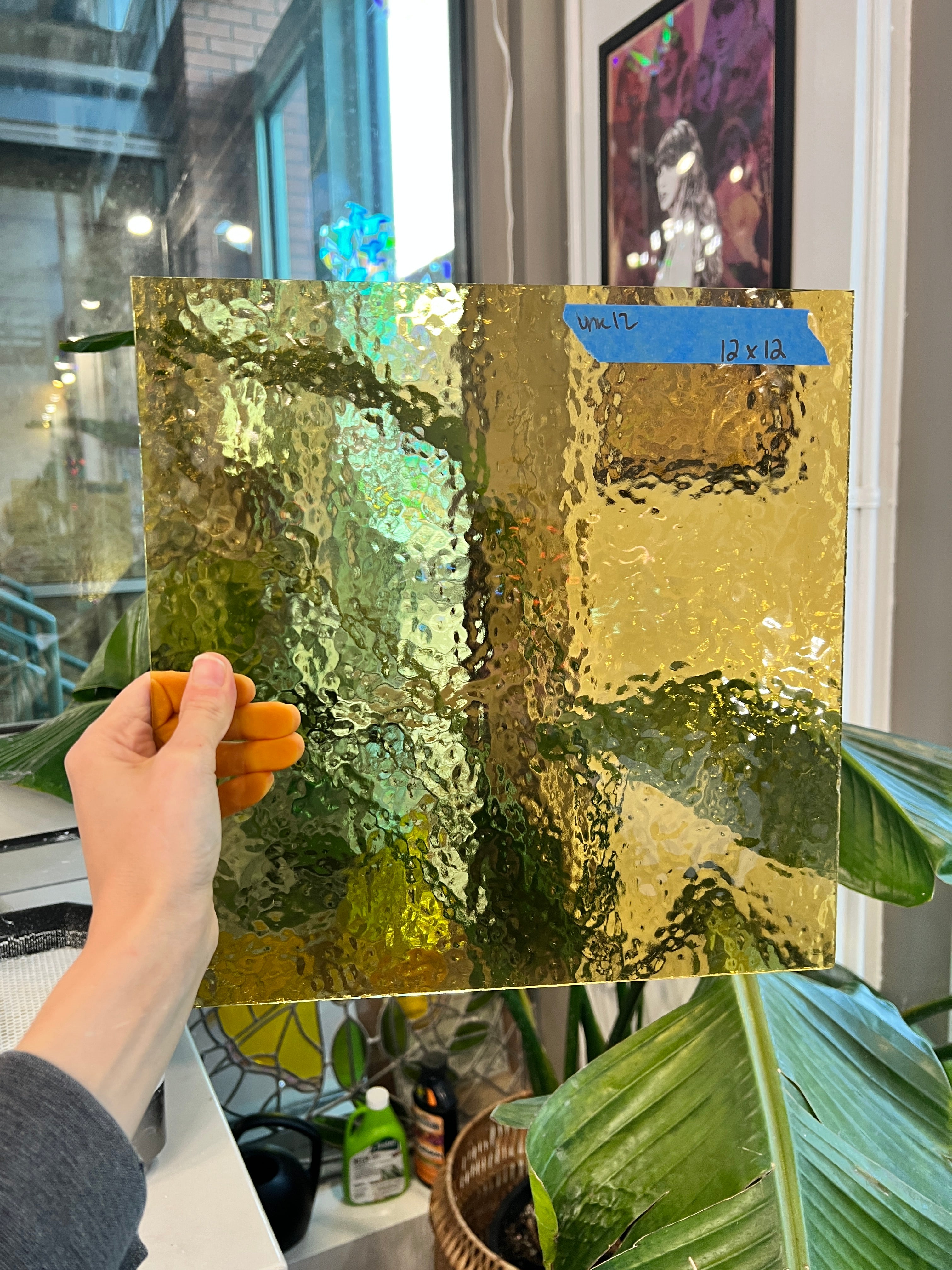 Honey Amber Yellow Transparent Hammered Glass Sheet Glass Colorado Glass Works UNK12 (12x12in)