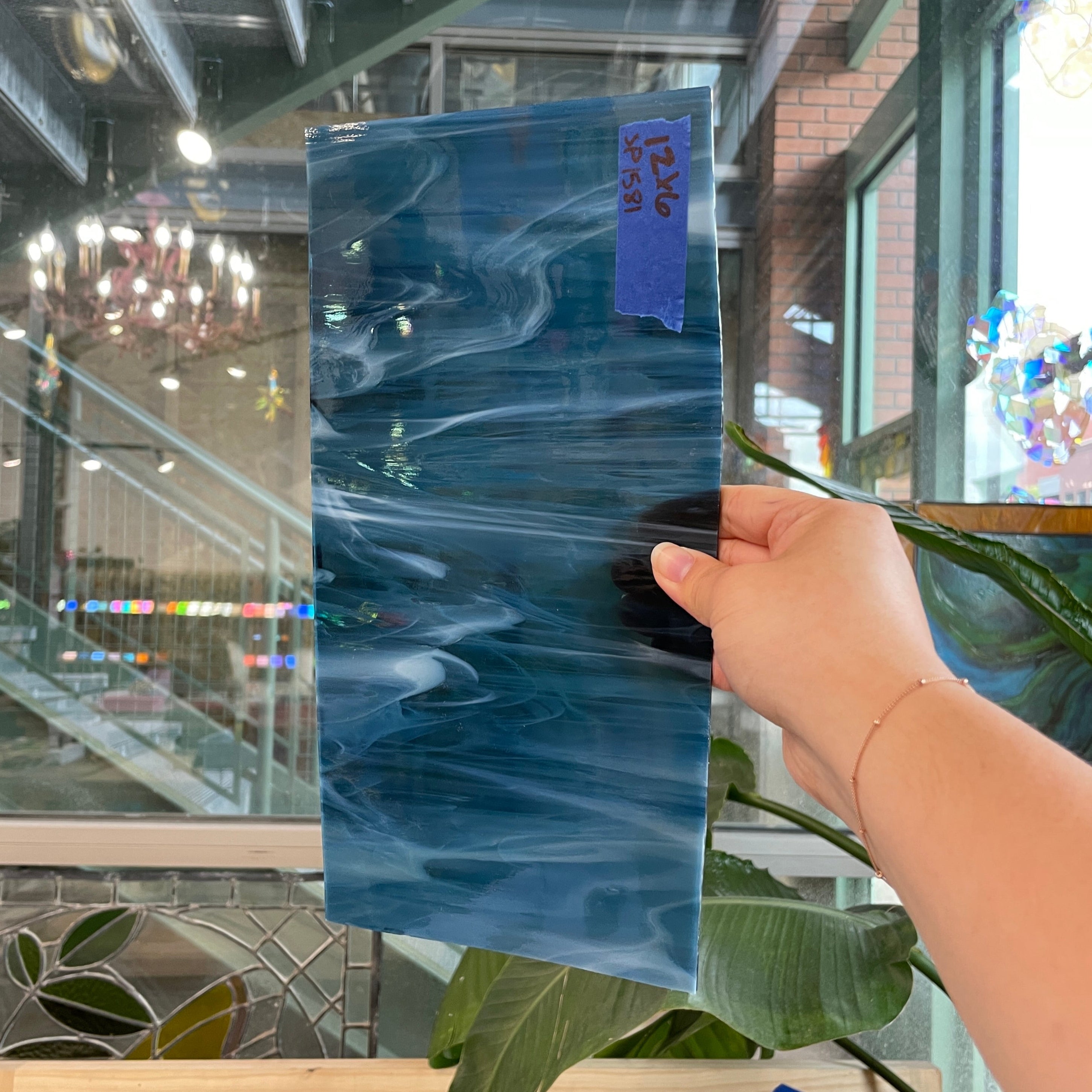 Steel Blue White Wispy Transparent Spectrum Sheet Glass Colorado Glassworks