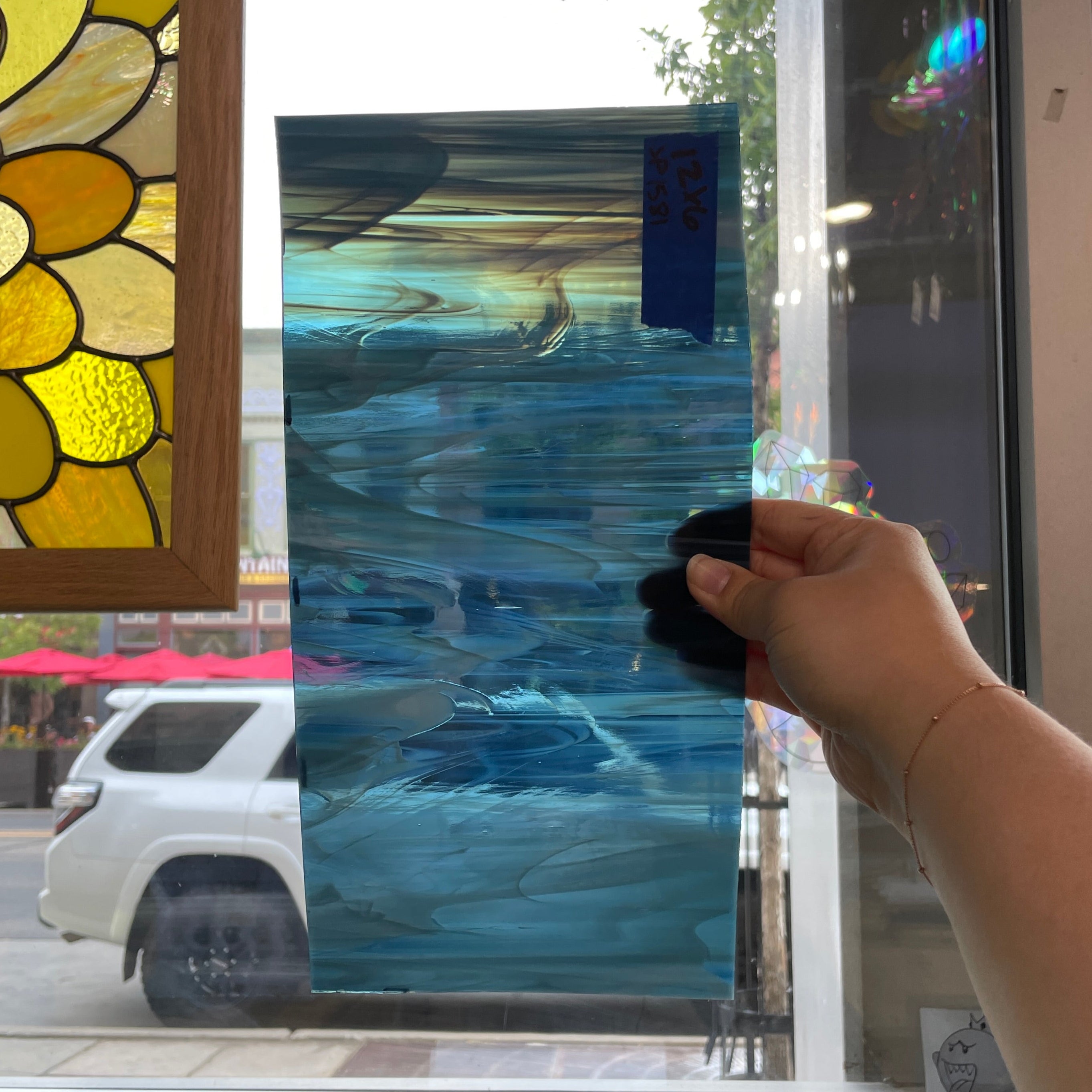 Steel Blue White Wispy Transparent Spectrum Sheet Glass Colorado Glassworks