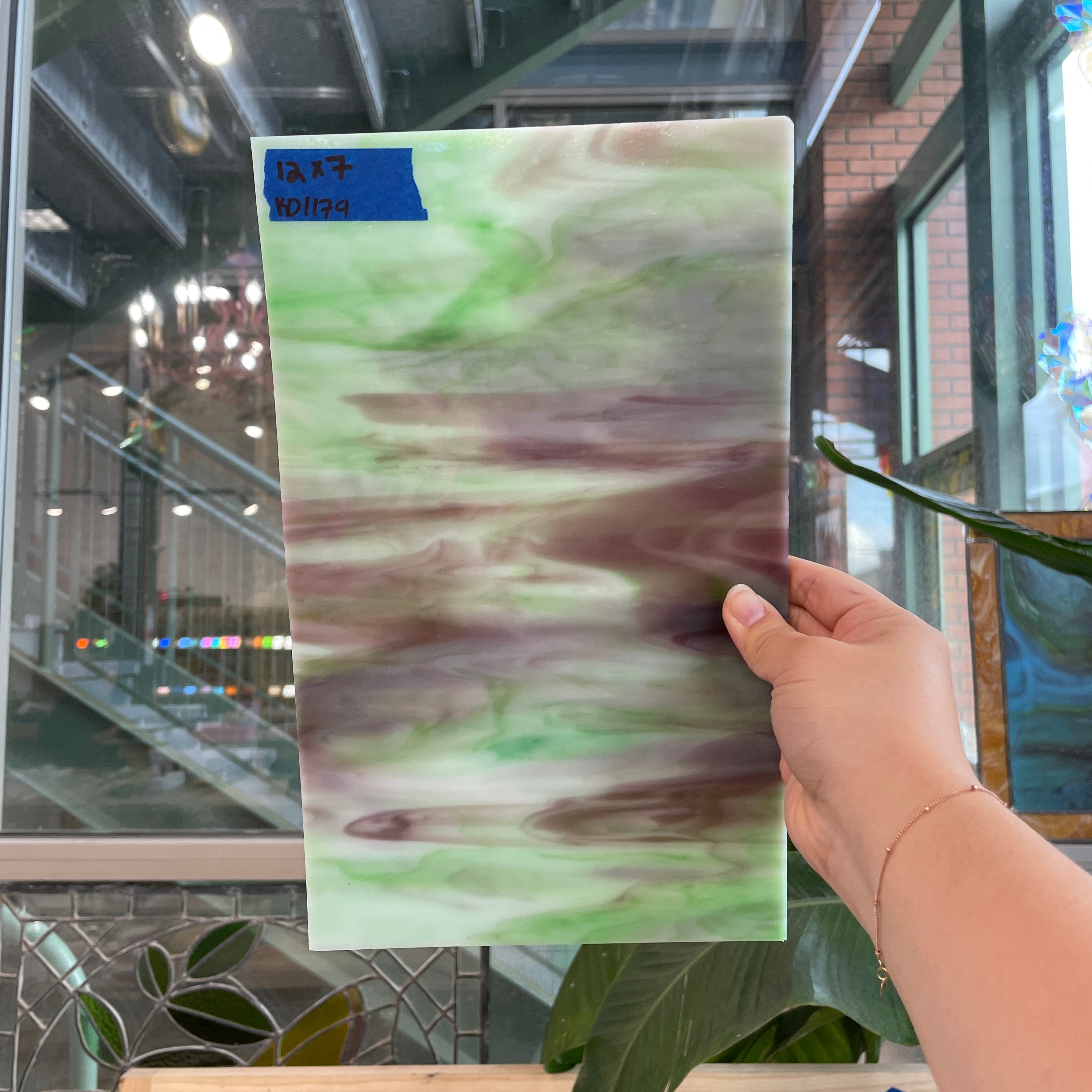 Bright Green Purple White Wispy Kokomo Sheet Glass Kokomo KO1179 (12x7in)