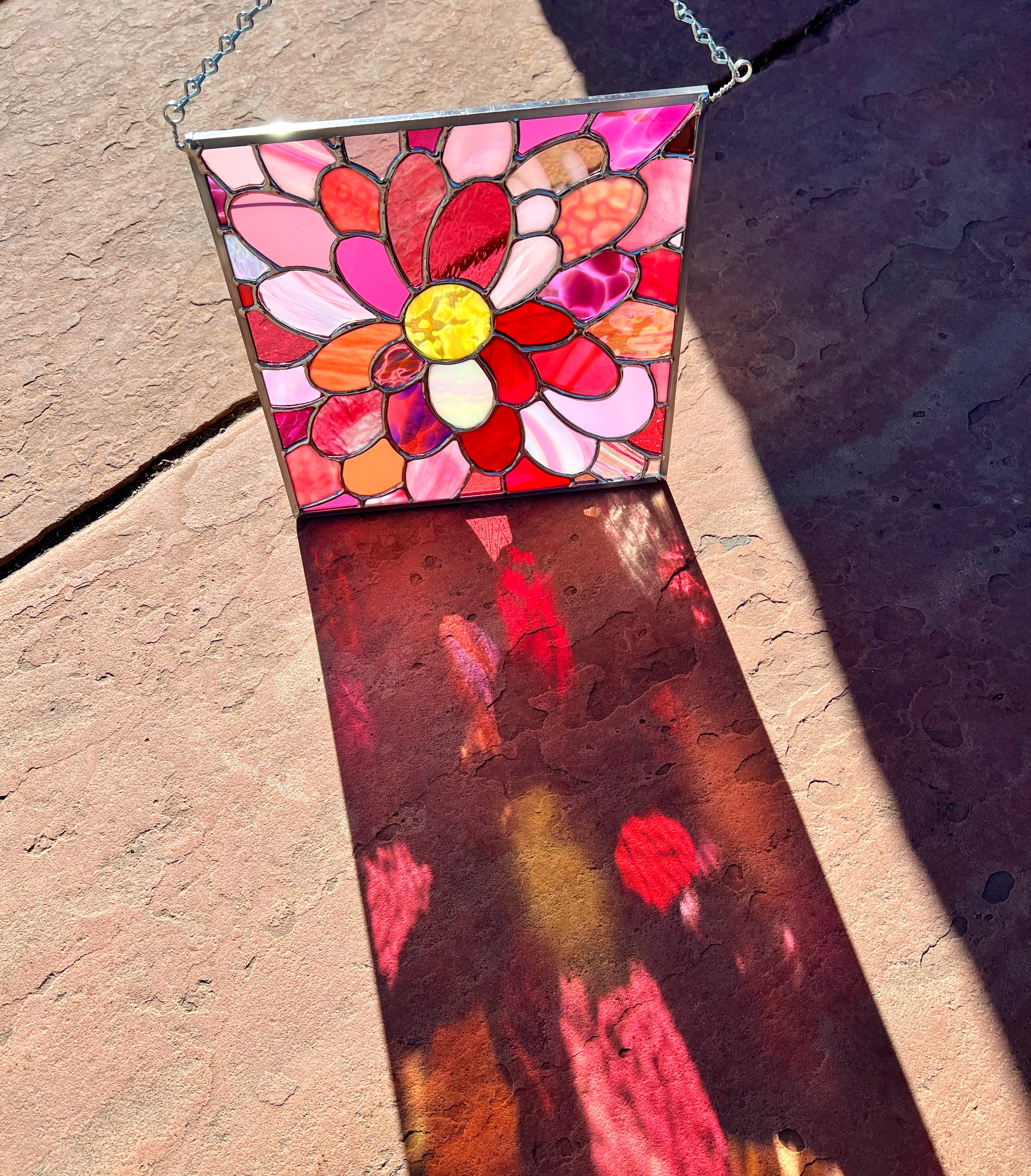 Pink, red and yellow flower stained glass art