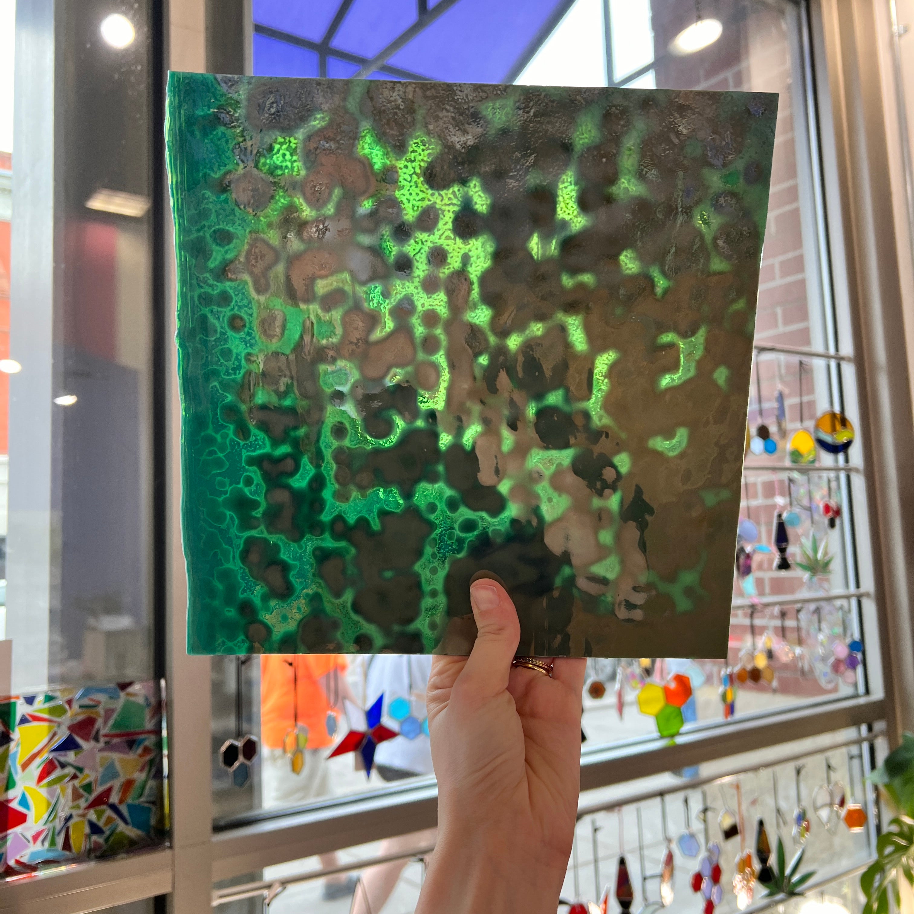 Teal Iridescent Mottled Bullseye Sheet Glass Colorado Glassworks