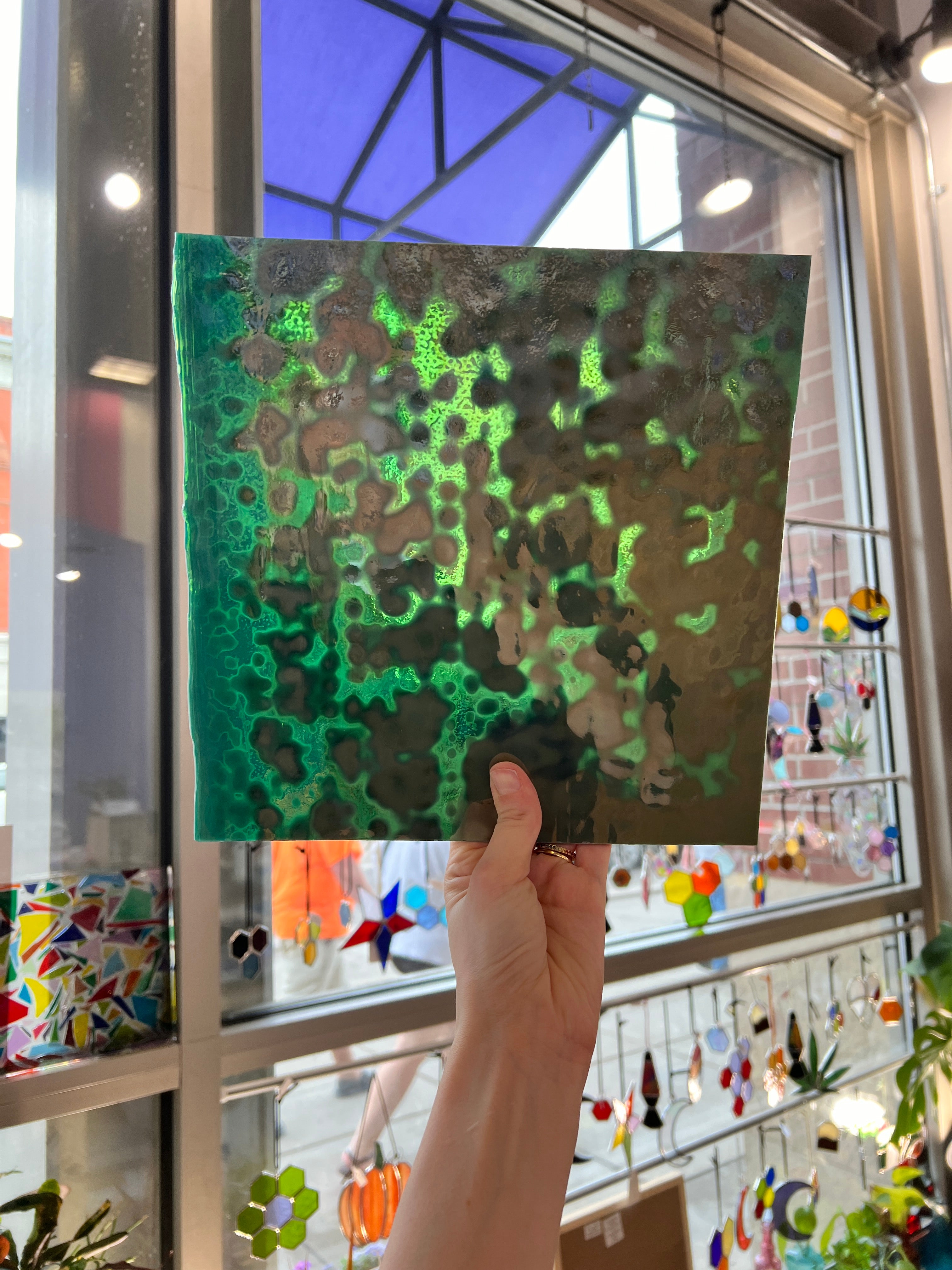 Teal Iridescent Mottled Bullseye Sheet Glass Colorado Glassworks