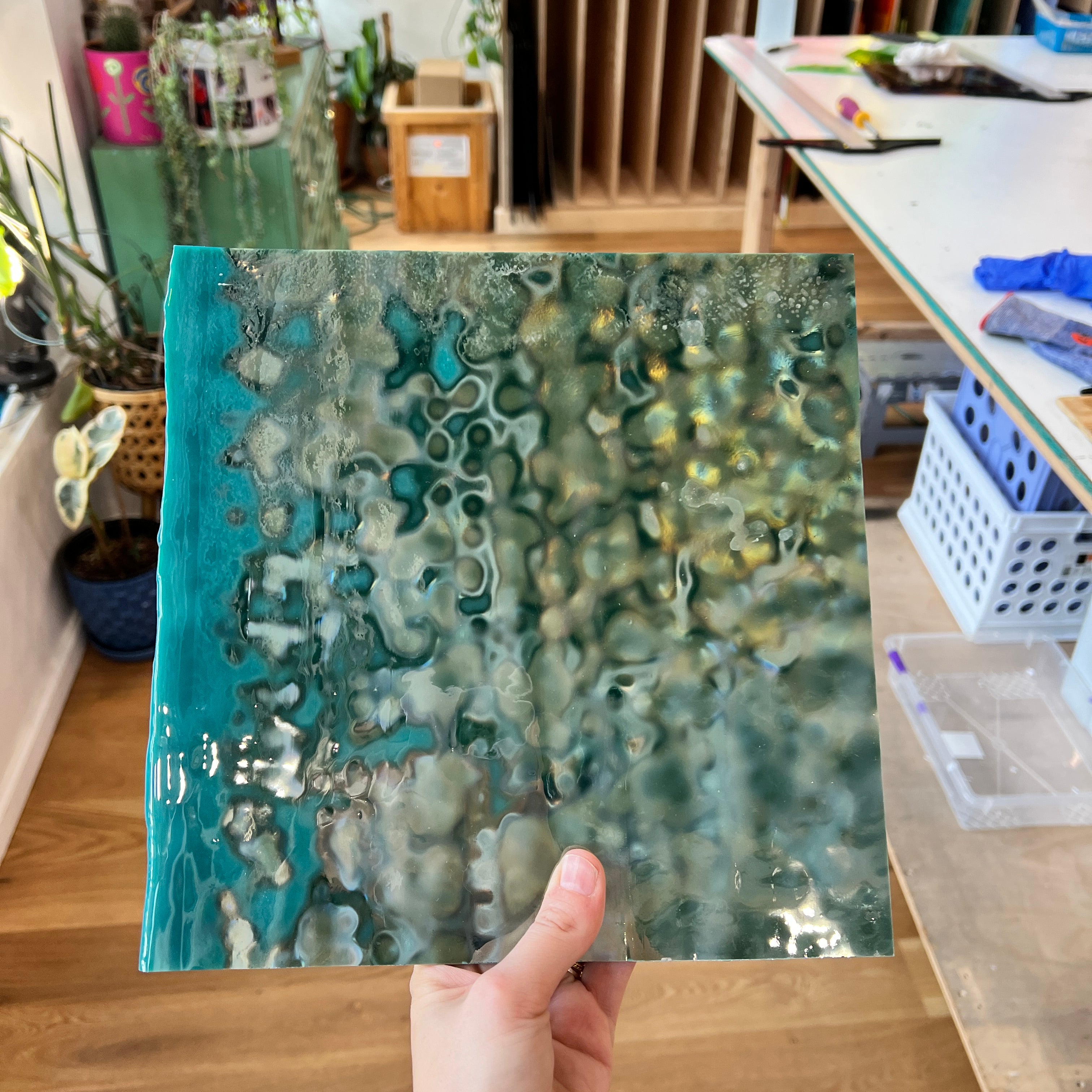 Teal Iridescent Mottled Bullseye Sheet Glass Colorado Glassworks