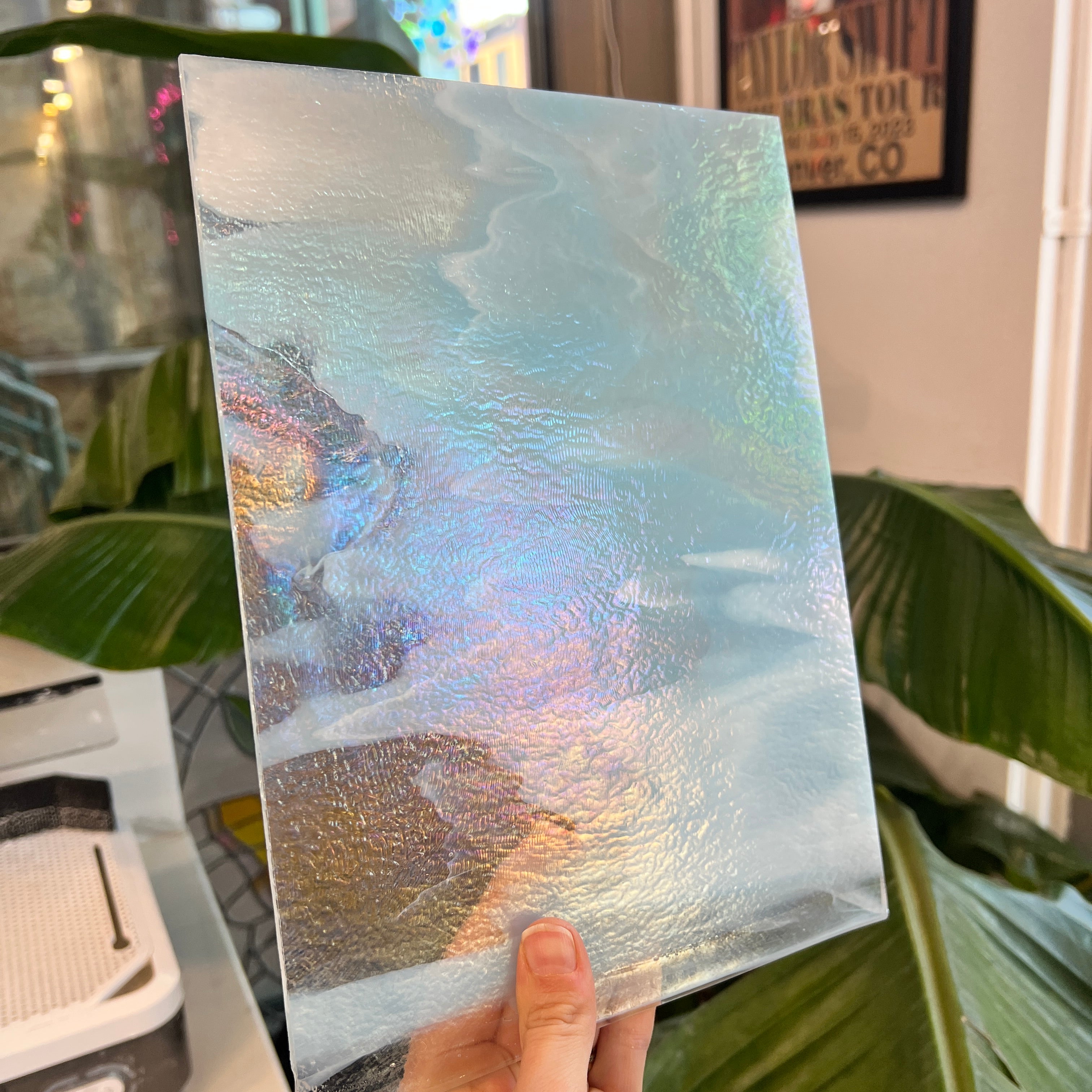 Winter Wonderland Bullseye Blue White Clear Iridescent Fusible 90 COE Sheet Glass Colorado Glassworks