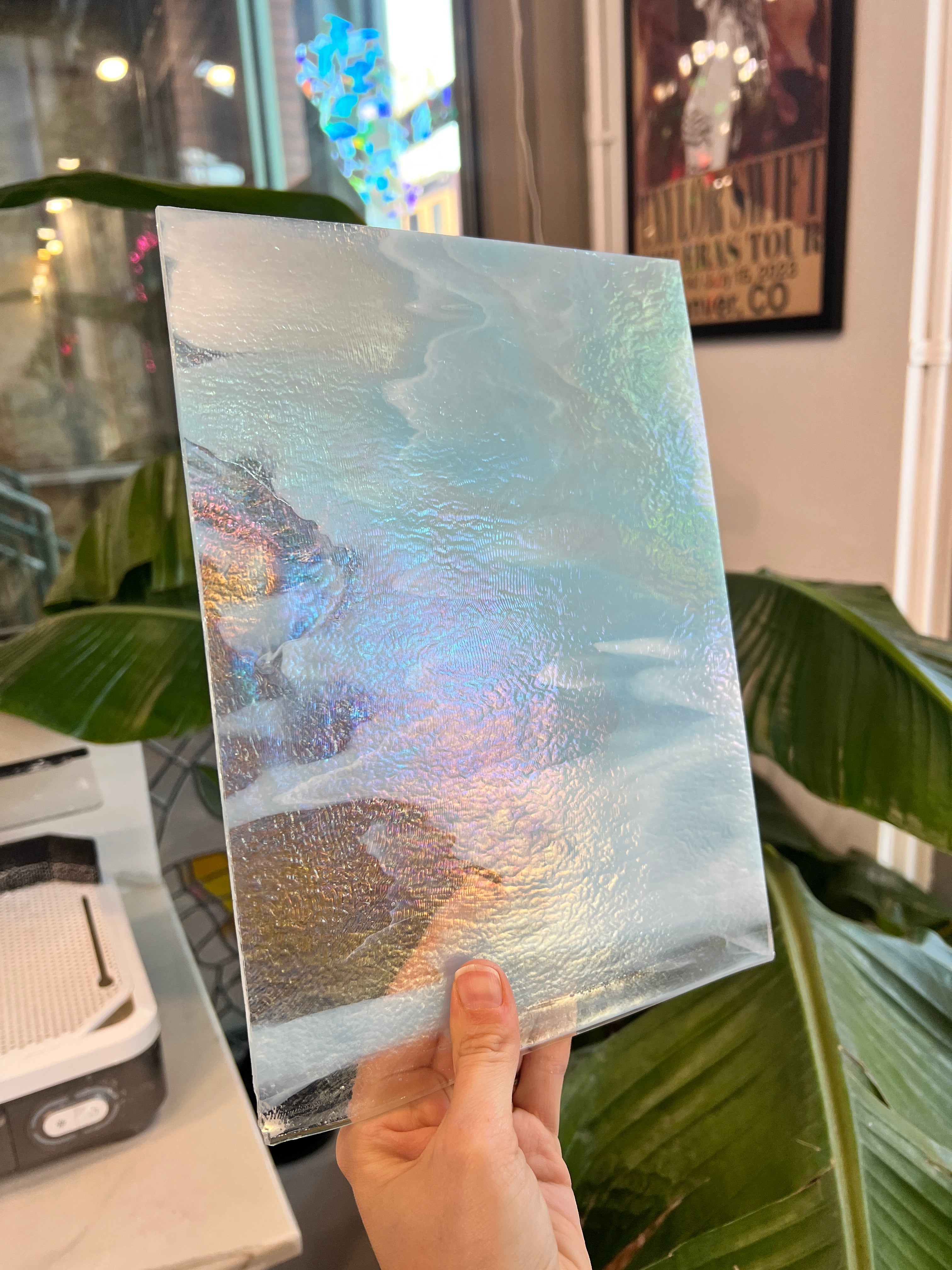 Winter Wonderland Bullseye Blue White Clear Iridescent Fusible 90 COE Sheet Glass Colorado Glassworks