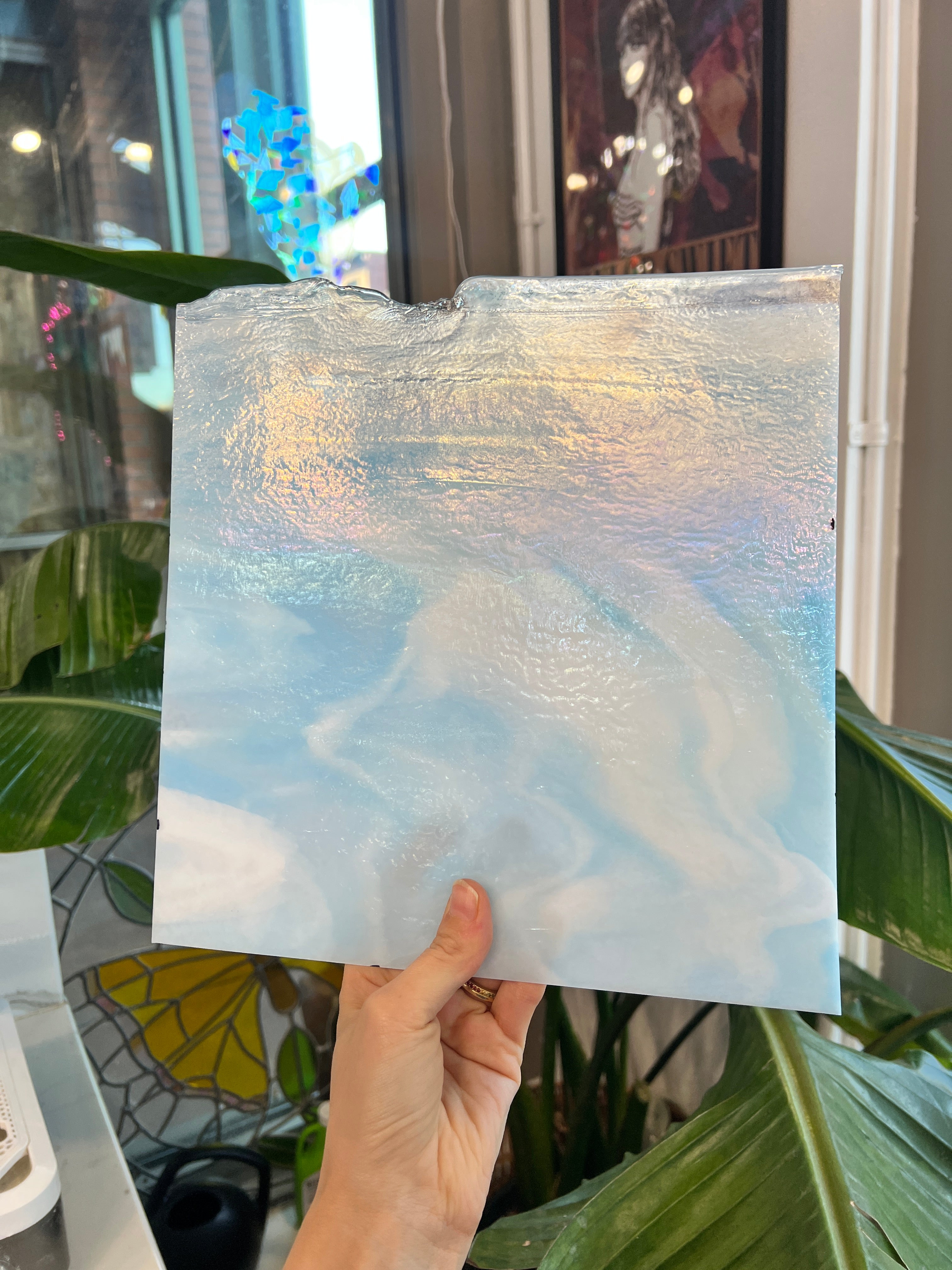 Winter Wonderland Bullseye Blue White Clear Iridescent Fusible 90 COE Sheet Glass Colorado Glassworks