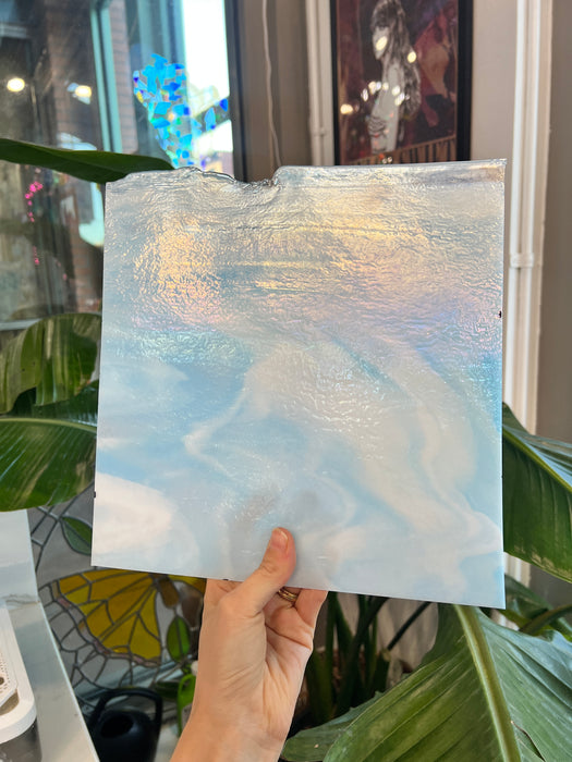 Winter Wonderland Bullseye Blue White Clear Iridescent Fusible 90 COE Sheet Glass Colorado Glassworks