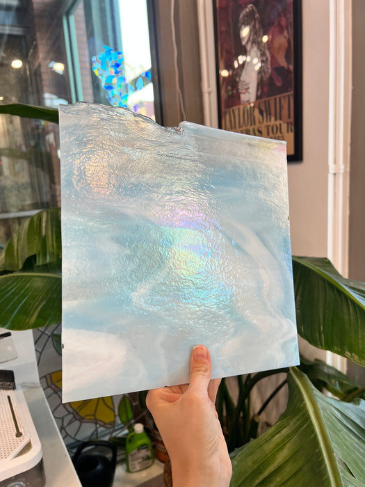 Winter Wonderland Bullseye Blue White Clear Iridescent Fusible 90 COE Sheet Glass Colorado Glassworks
