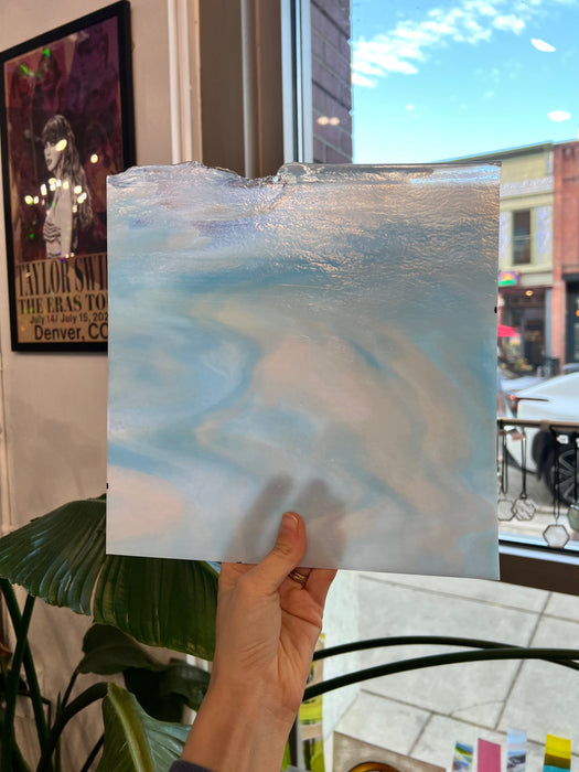 Winter Wonderland Bullseye Blue White Clear Iridescent Fusible 90 COE Sheet Glass Colorado Glassworks