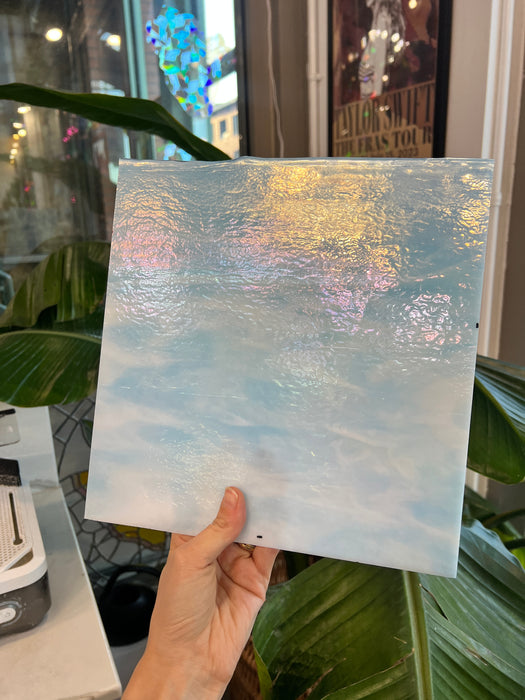 Winter Wonderland Bullseye Blue White Clear Iridescent Fusible 90 COE Sheet Glass Colorado Glassworks