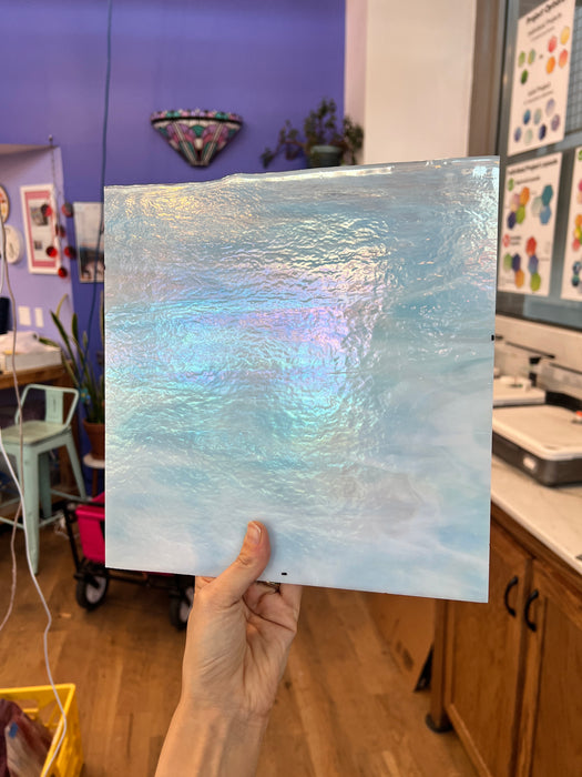 Winter Wonderland Bullseye Blue White Clear Iridescent Fusible 90 COE Sheet Glass Colorado Glassworks