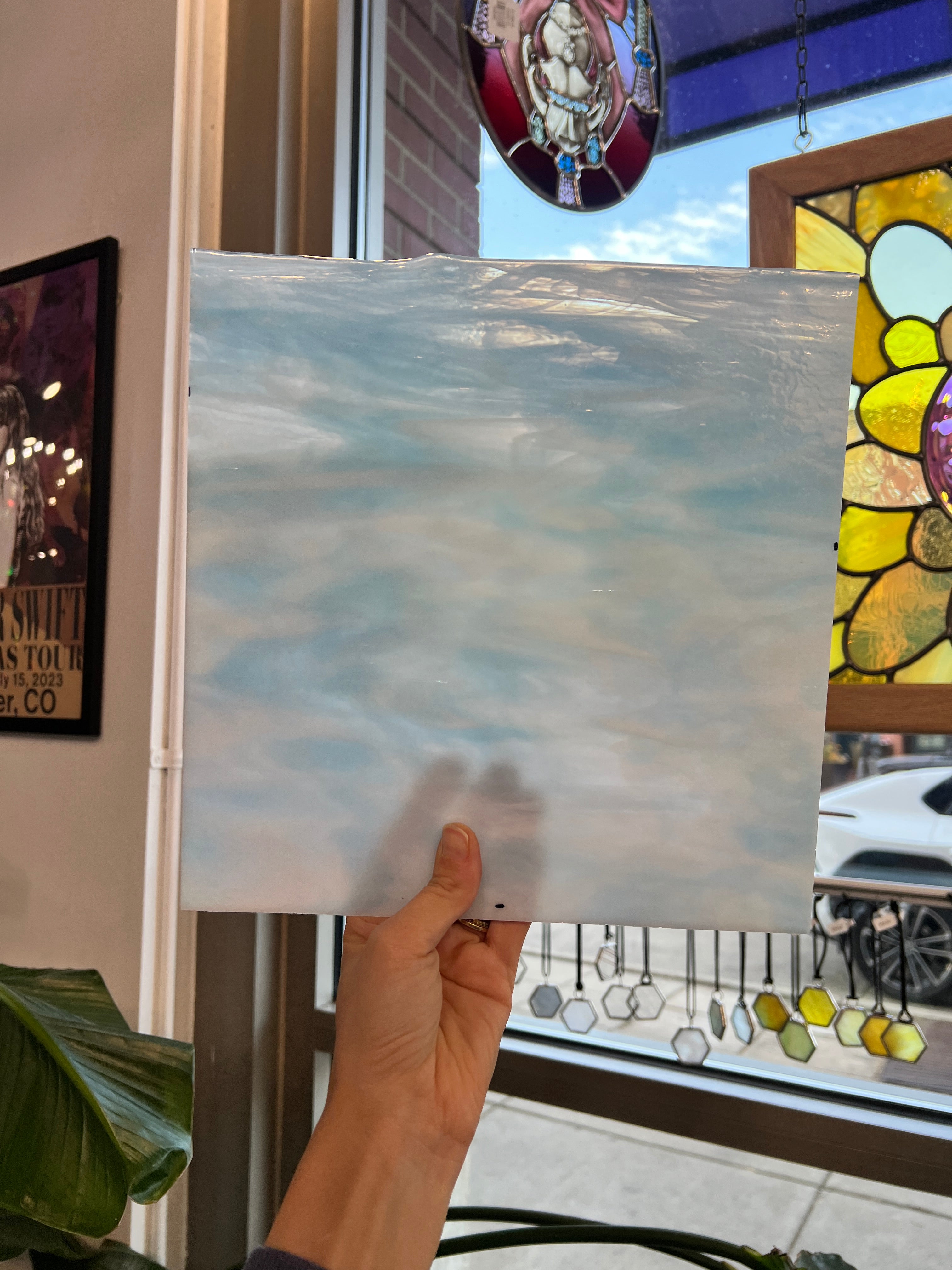 Winter Wonderland Bullseye Blue White Clear Iridescent Fusible 90 COE Sheet Glass Colorado Glassworks