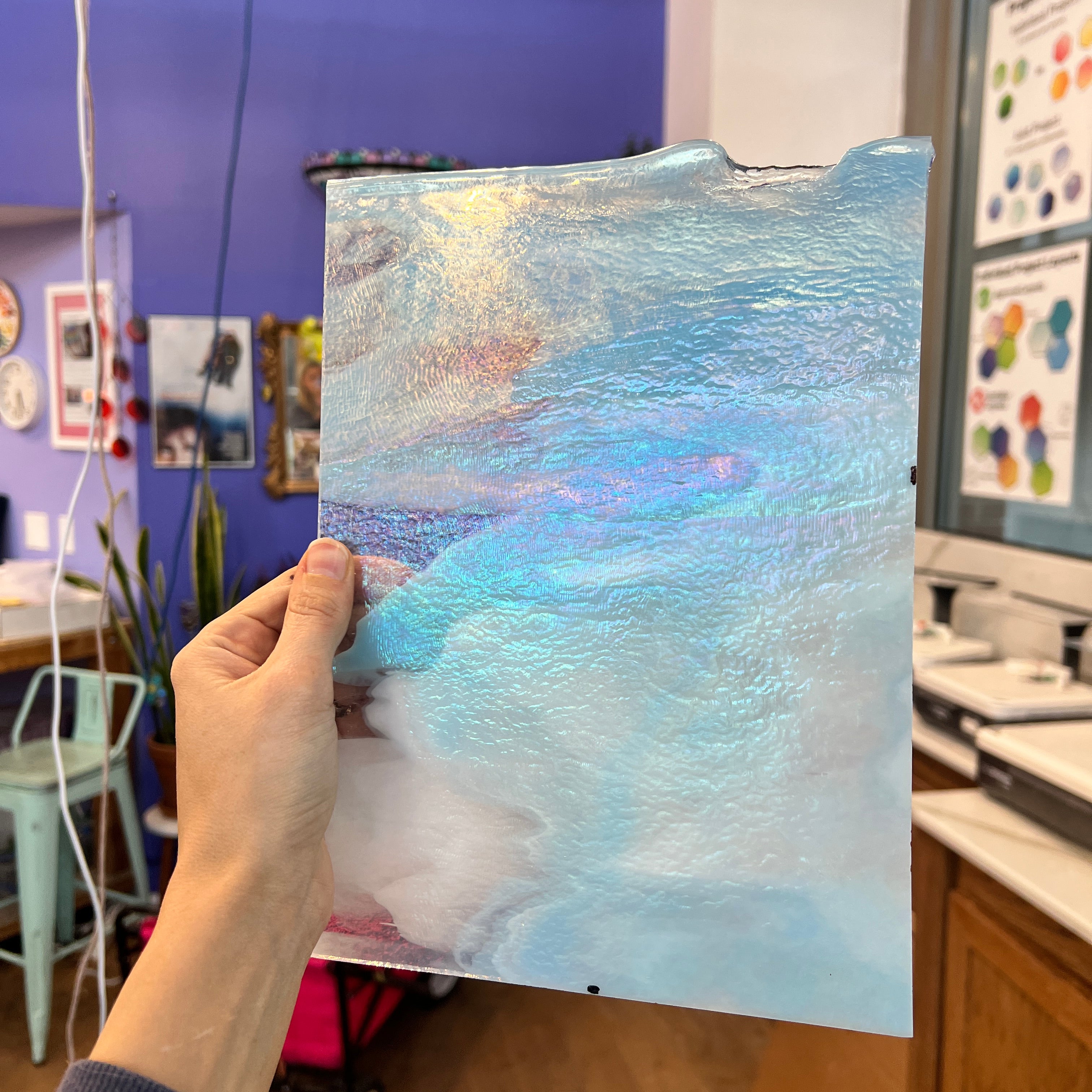 Winter Wonderland Bullseye Blue White Clear Iridescent Fusible 90 COE Sheet Glass Colorado Glassworks