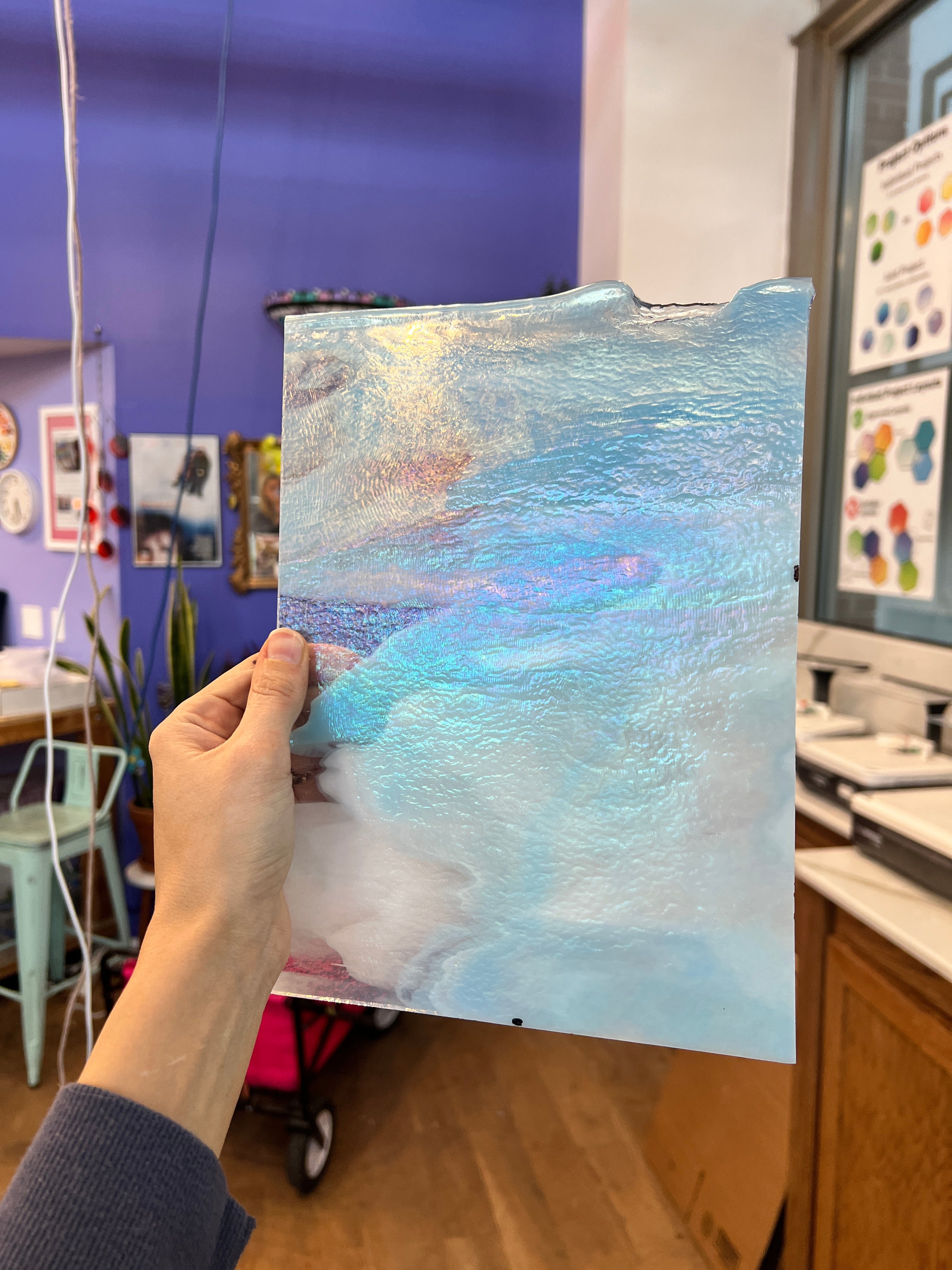 Winter Wonderland Bullseye Blue White Clear Iridescent Fusible 90 COE Sheet Glass Colorado Glassworks