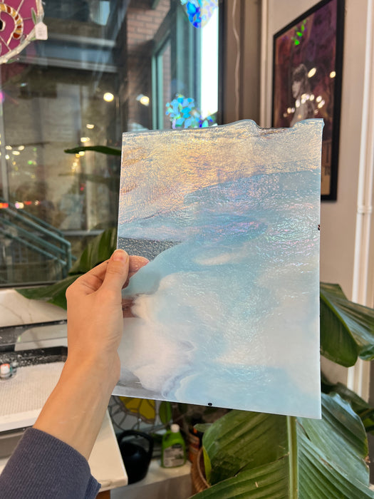 Winter Wonderland Bullseye Blue White Clear Iridescent Fusible 90 COE Sheet Glass Colorado Glassworks