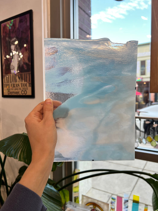 Winter Wonderland Bullseye Blue White Clear Iridescent Fusible 90 COE Sheet Glass Colorado Glassworks