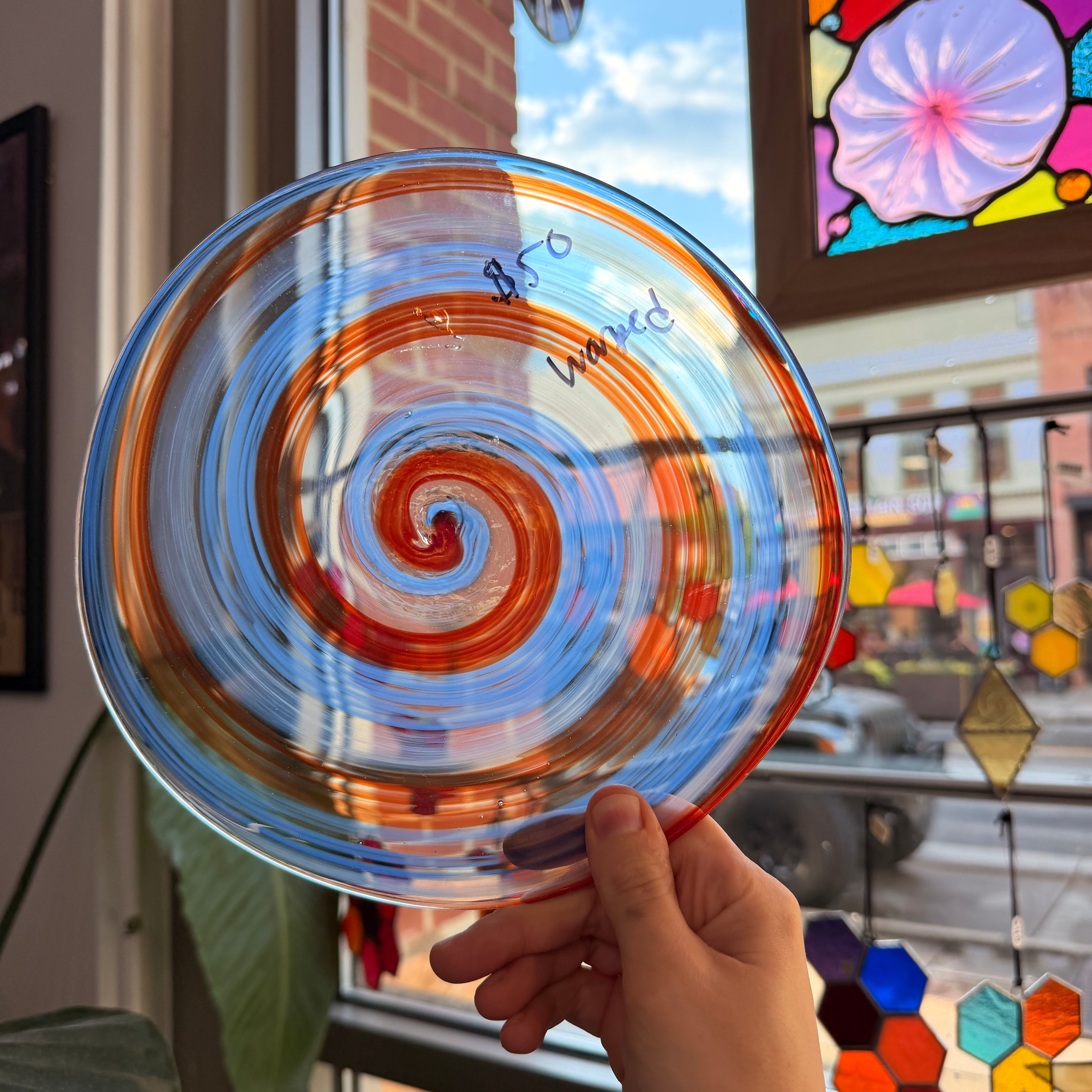 Patriotic Pinwheel (slight warp) Mouthblown Rondel
