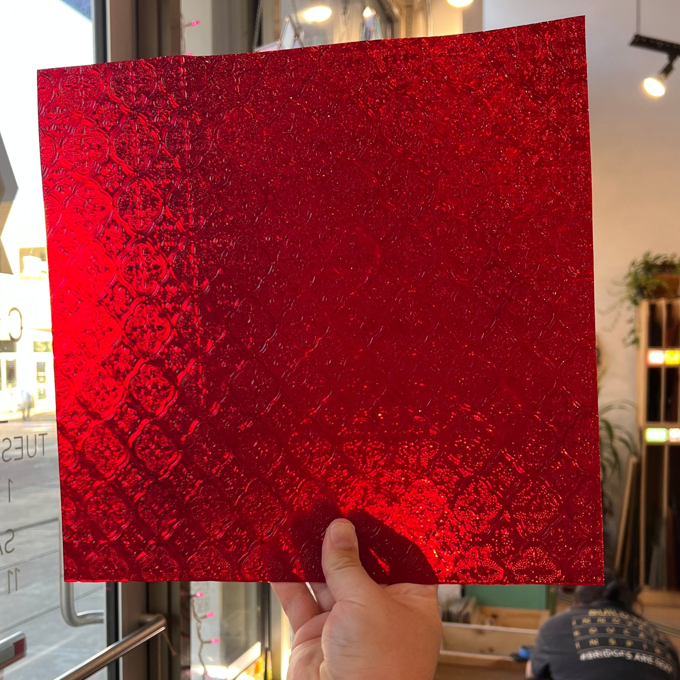 NEW! Red Lace Transparent Textured Sheet Glass Colorado Glassworks CH-RED-LACE-I-1 (12x12in)