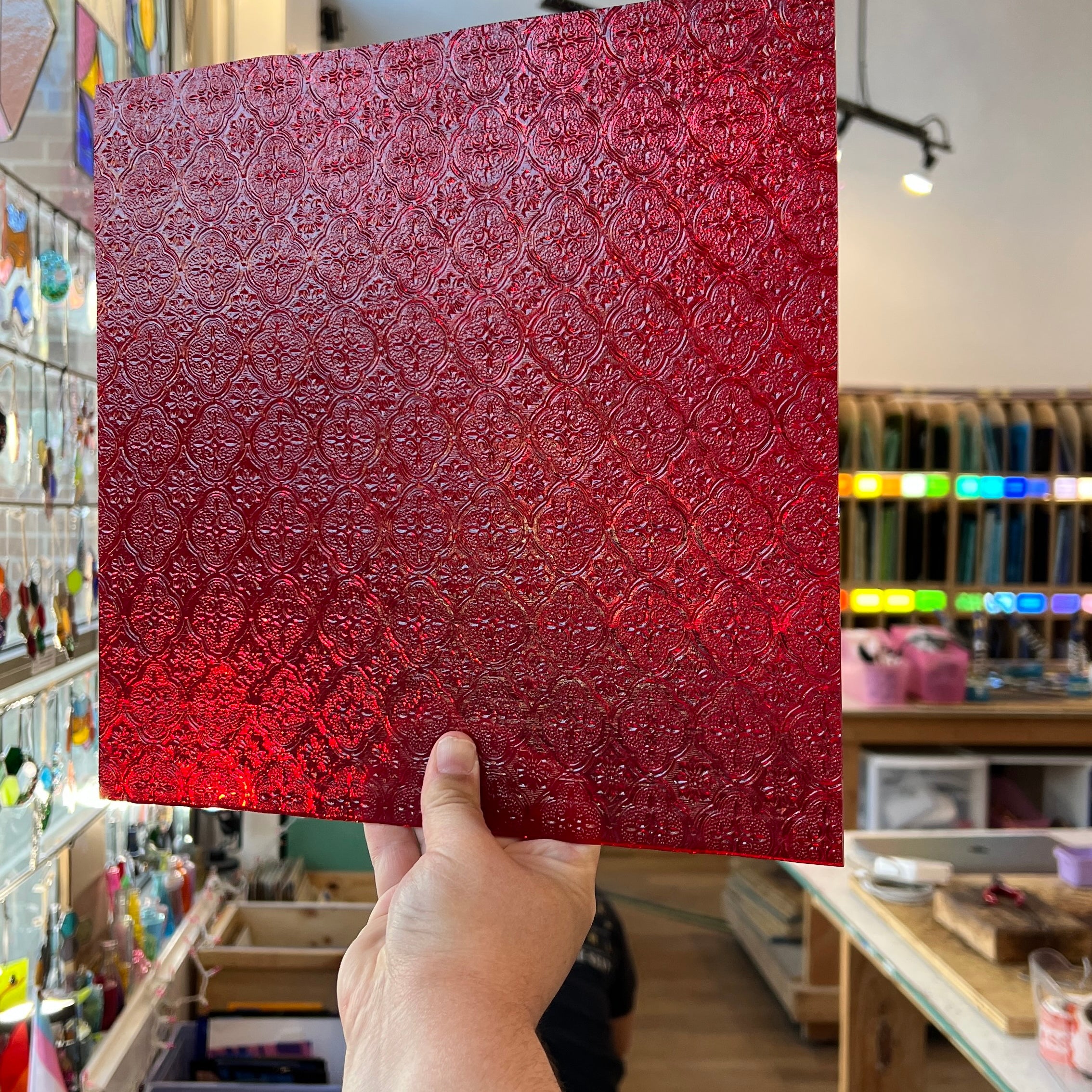 NEW! Red Lace Transparent Textured Sheet Glass Colorado Glassworks