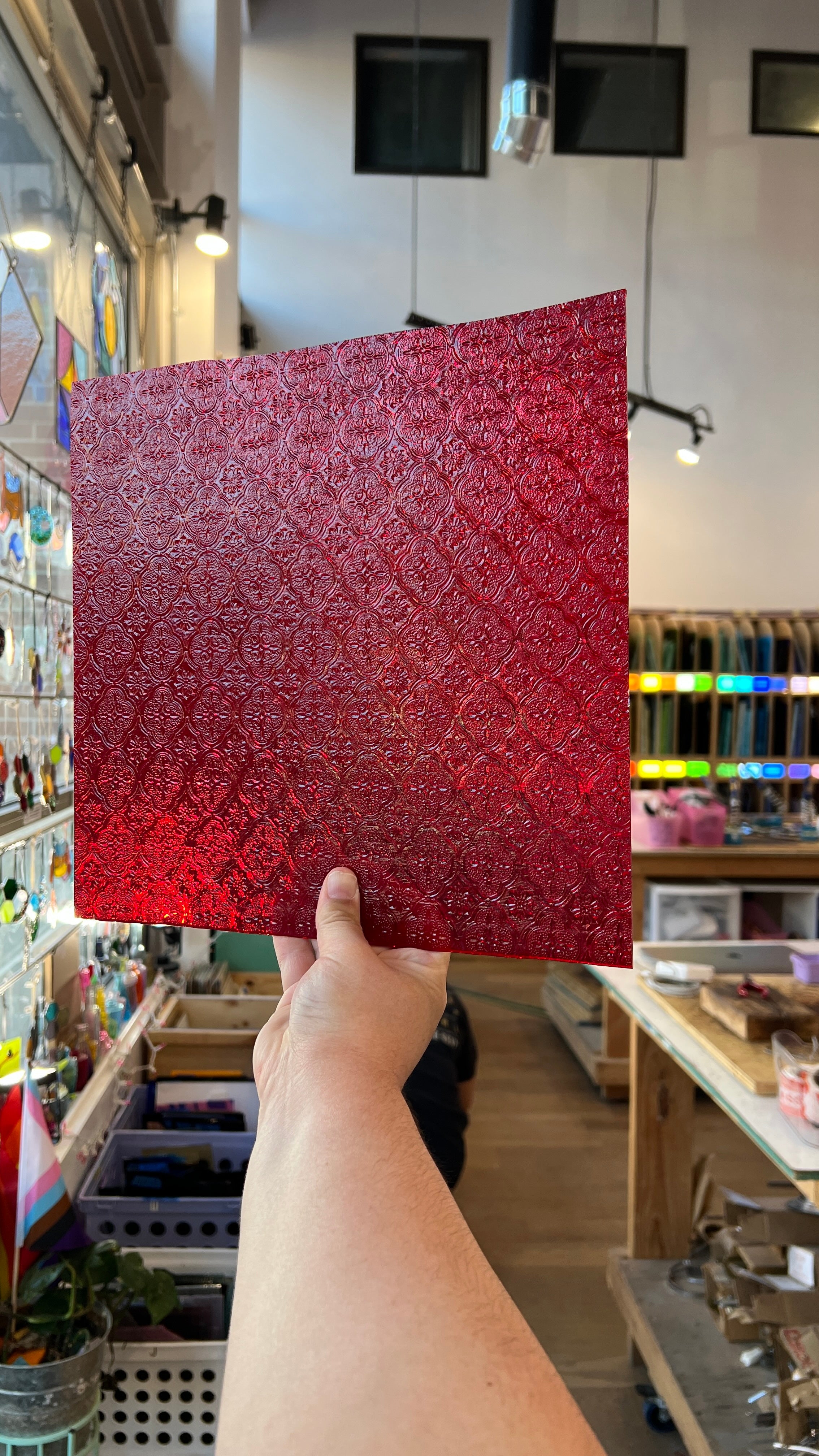 NEW! Red Lace Transparent Textured Sheet Glass Colorado Glassworks