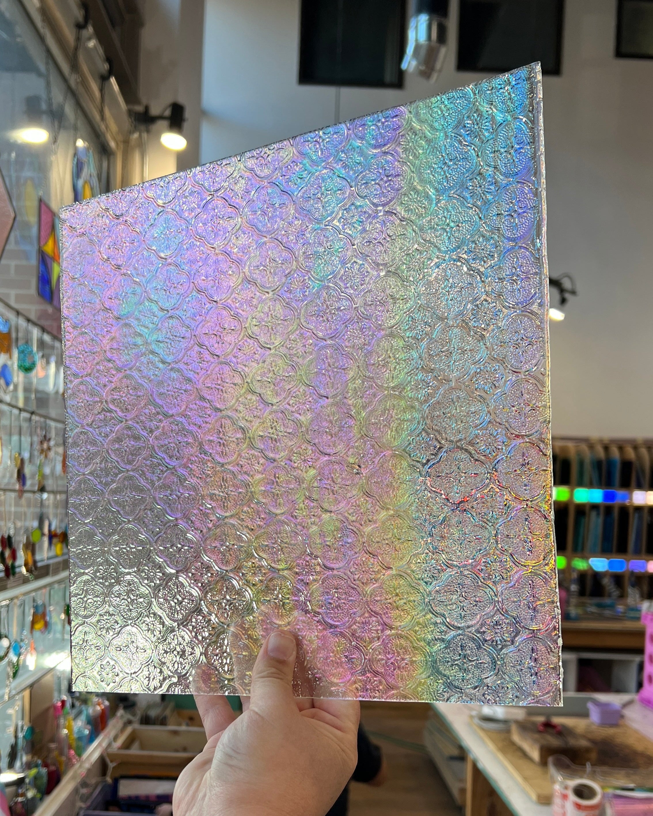 NEW! Clear Iridescent Lace Clear Transparent Sheet Glass Colorado Glassworks CH-CLEAR-LACE-I-1 (12x12in)