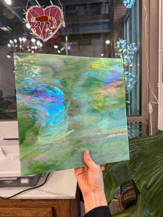 Green White Wispy Iridescent Wissmach Sheet Glass Colorado Glassworks