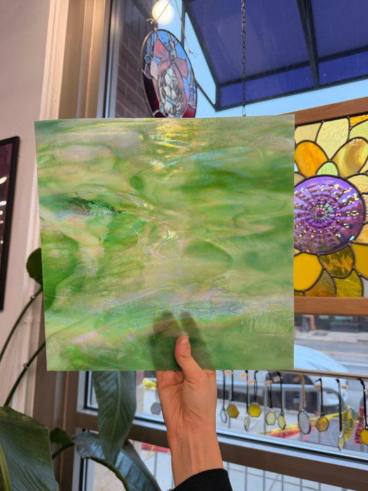 Green White Wispy Iridescent Wissmach Sheet Glass Colorado Glassworks