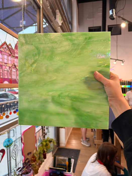 Green White Wispy Iridescent Wissmach Sheet Glass Colorado Glassworks