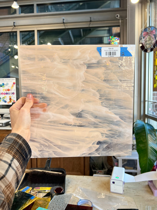 Peach White Wispy Transparent Spectrum Sheet Glass Colorado Glassworks 12x12in (SP-41186093)