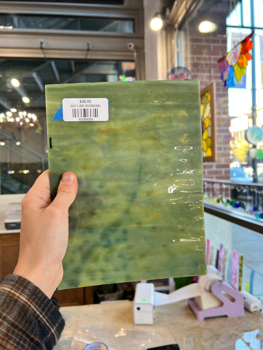 Mossy Dappled Green Mottled Bullseye Sheet Glass Colorado Glassworks 9x7in (BE-65089069)