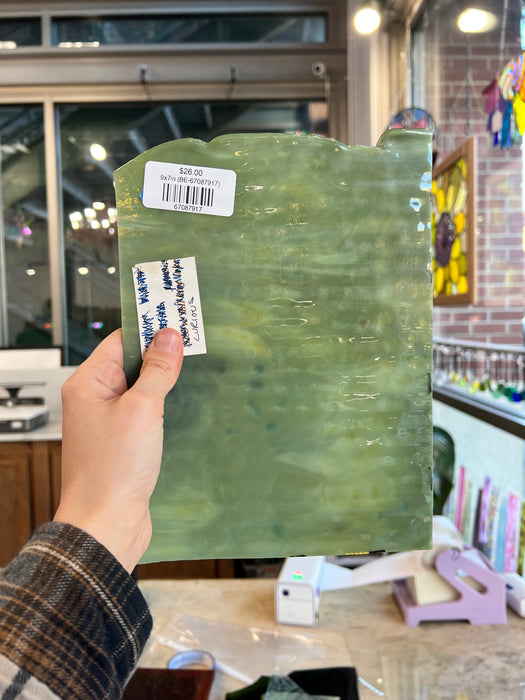 Mossy Dappled Green Mottled Bullseye Sheet Glass Colorado Glassworks 9x7in (BE-67087917)