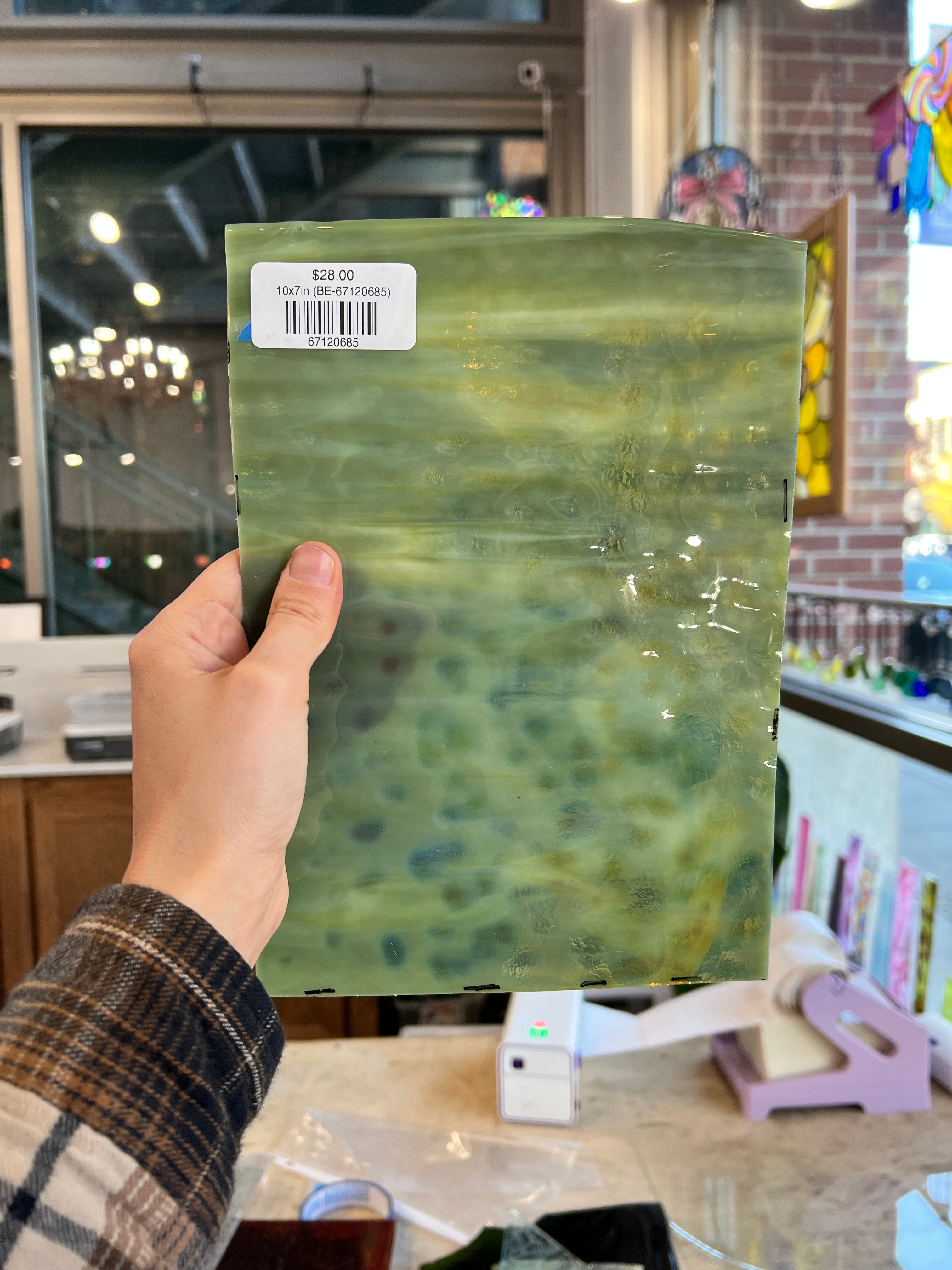 Mossy Dappled Green Mottled Bullseye Sheet Glass Colorado Glassworks 10x7in (BE-67120685)