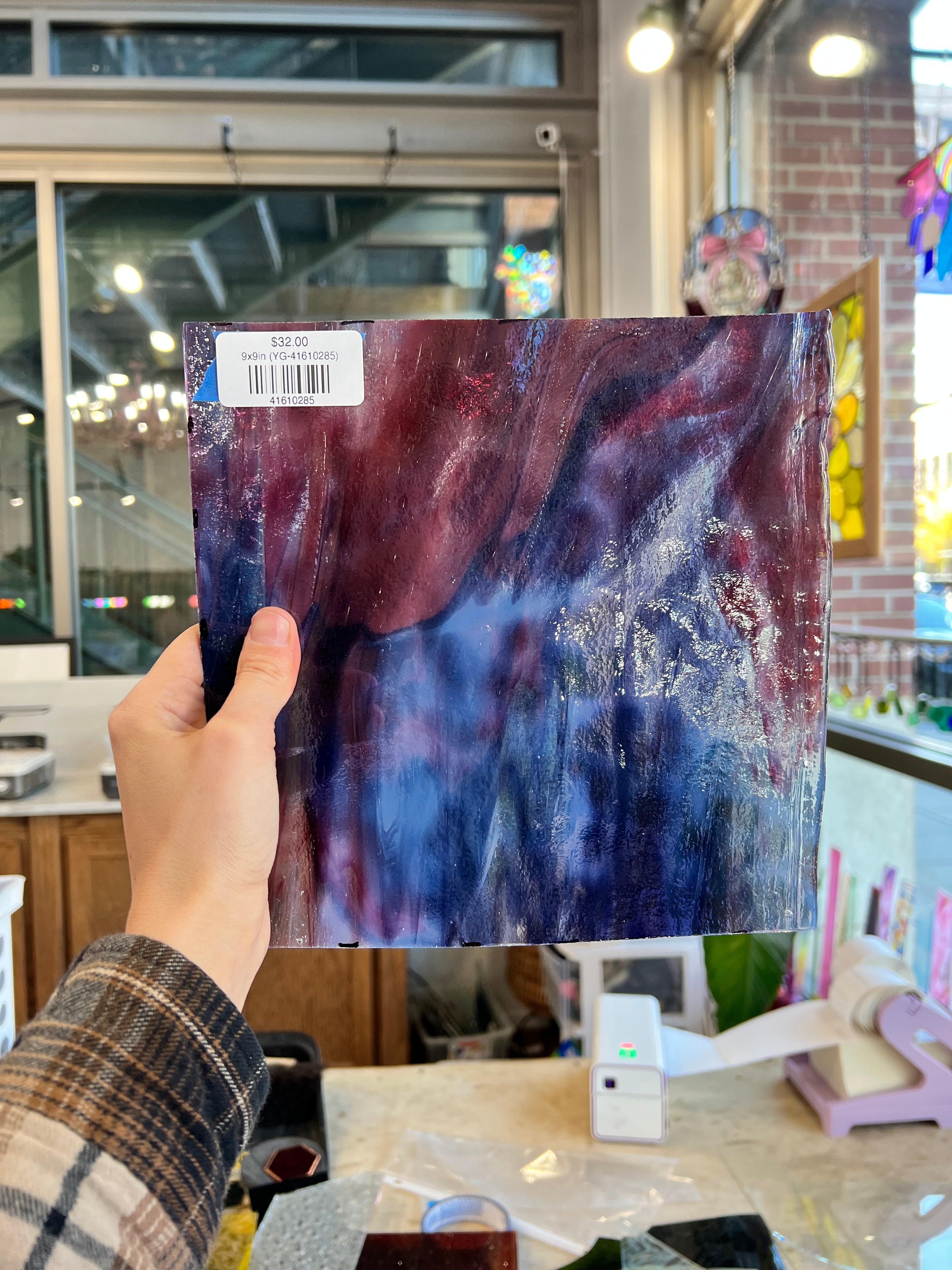 Purple Red Wispy Clear Youghiogheny Sheet Glass Colorado Glassworks 9x9in (YG-41610285)