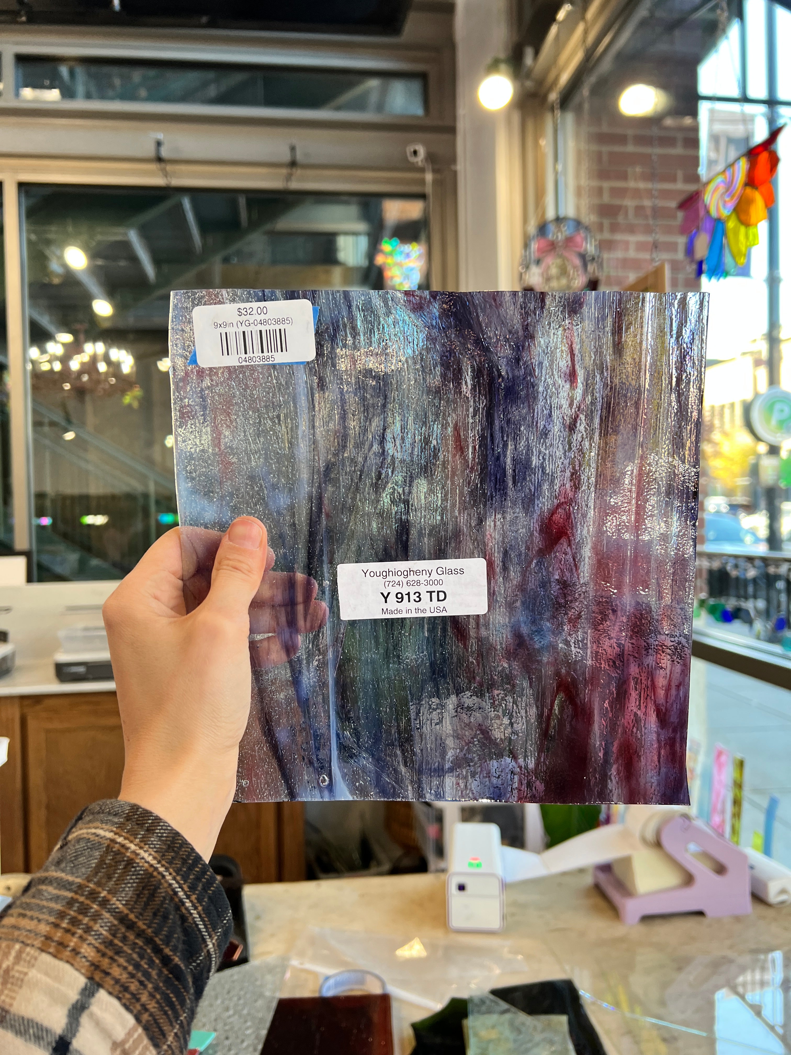 Purple Red Wispy Clear Youghiogheny Sheet Glass Colorado Glassworks 9x9in (YG-04803885)