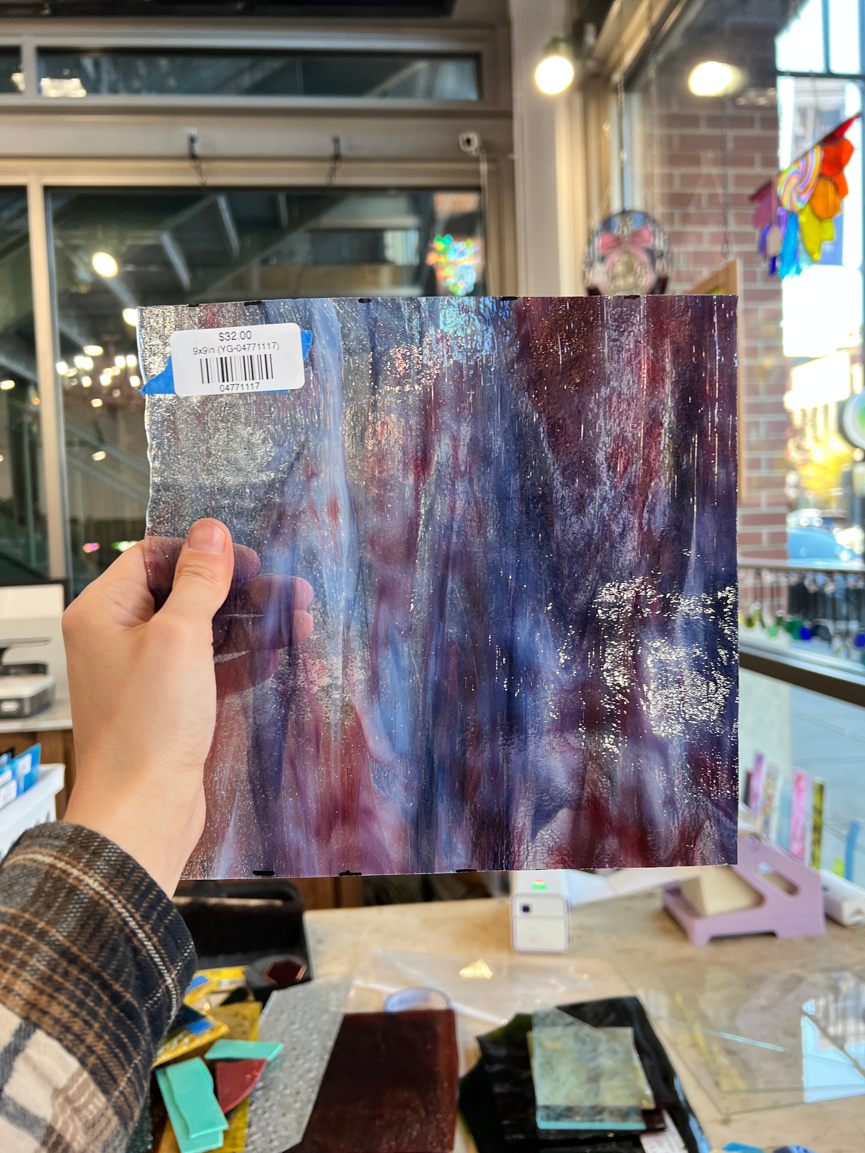 Purple Red Wispy Clear Youghiogheny Sheet Glass Colorado Glassworks 9x9in (YG-04771117)