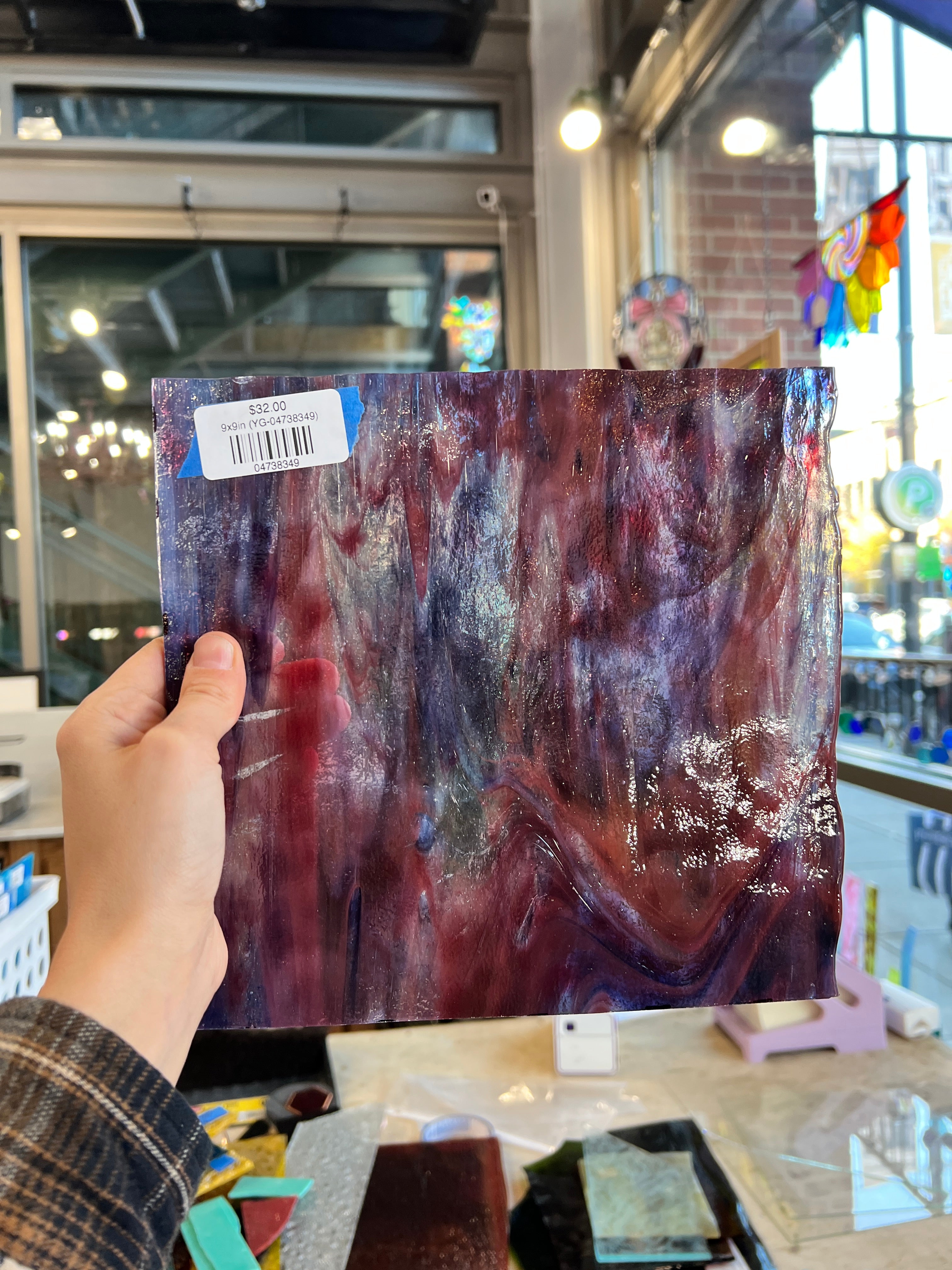 Purple Red Wispy Clear Youghiogheny Sheet Glass Colorado Glassworks 9x9in (YG-04738349)