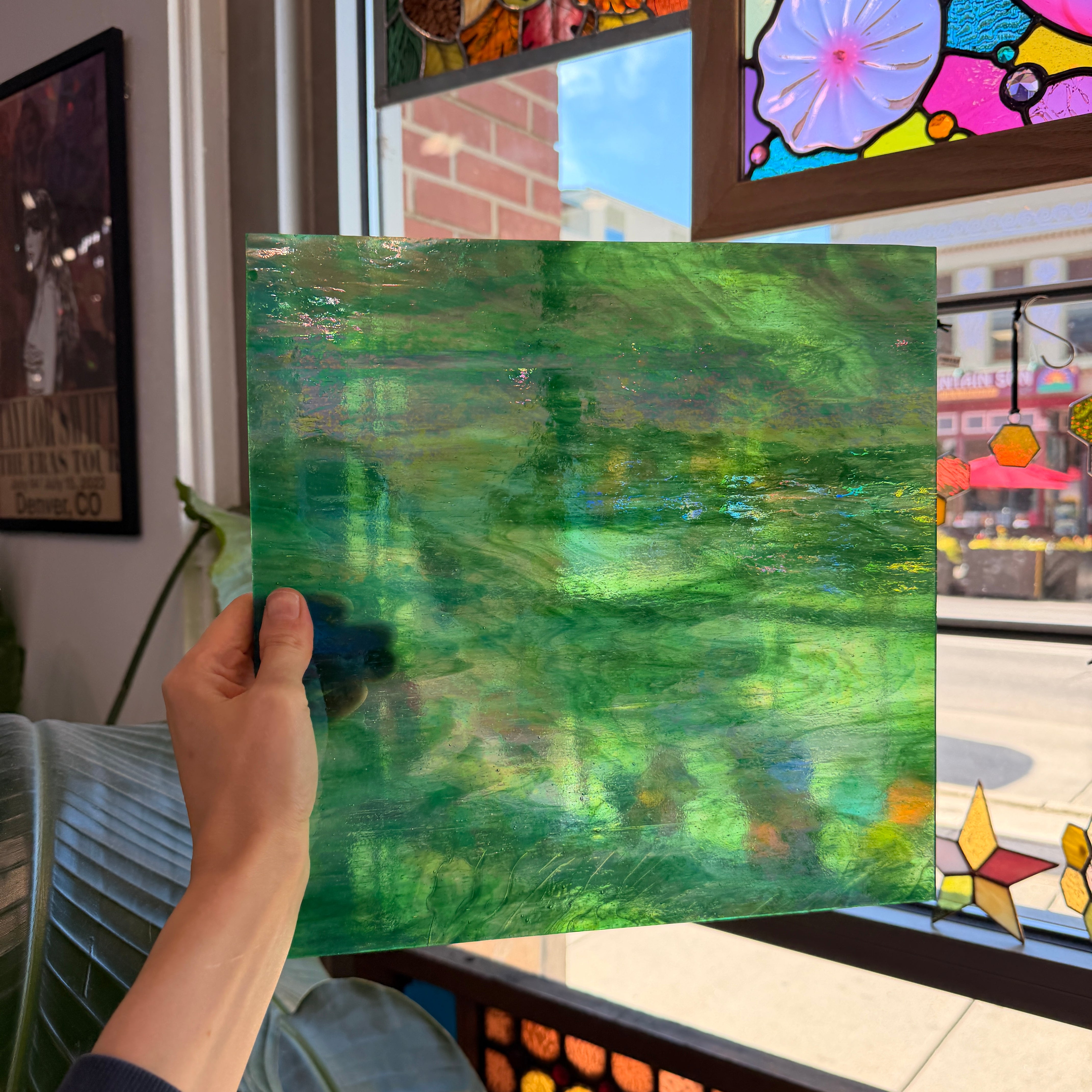 Holly Green Opal and Clear Iridescent Kokomo Sheet Glass
